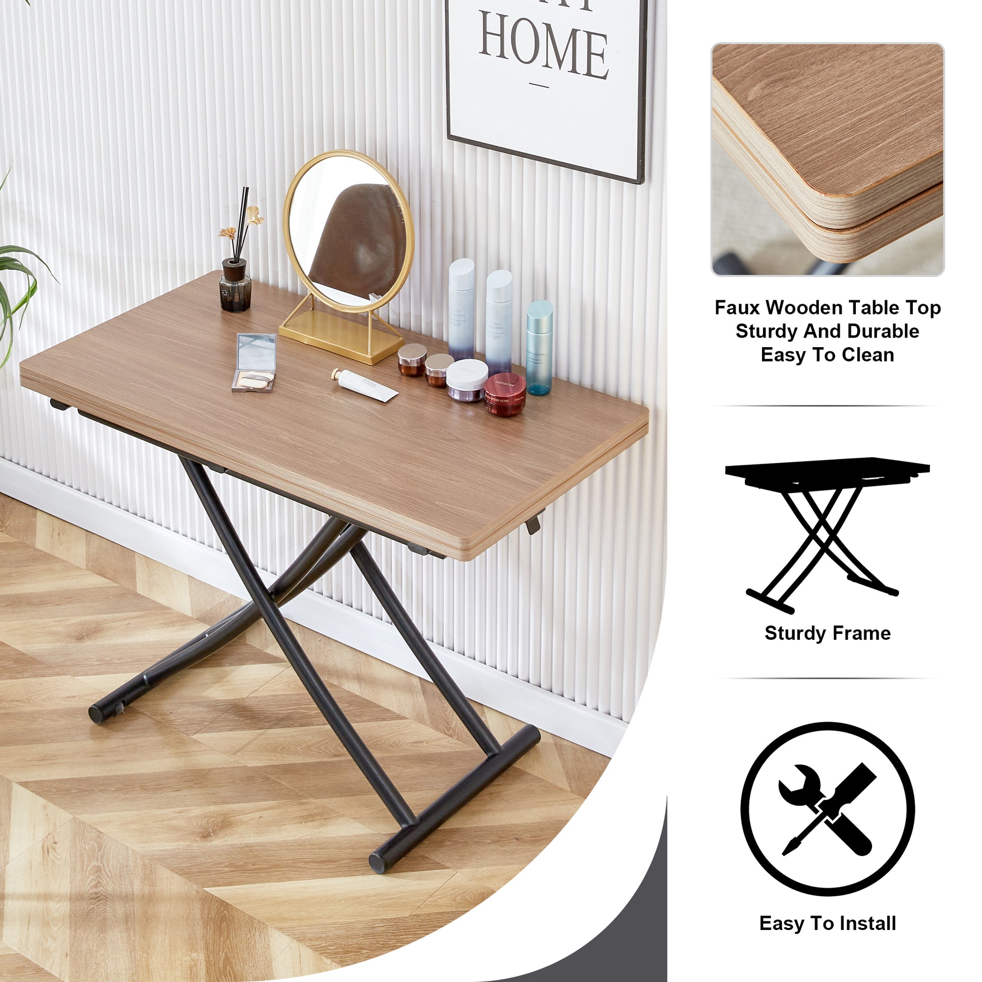 Modern Minimalist Multifunctional Lifting Table, 0.8 Inch Wood Grain Craft Sticker Desktop, Black Metal Legs. Paired With 4 Faux Leather Upholstered Dining Chairs With Black Metal Legs Lt 10055 C 001 Natural Wood Wash Metal