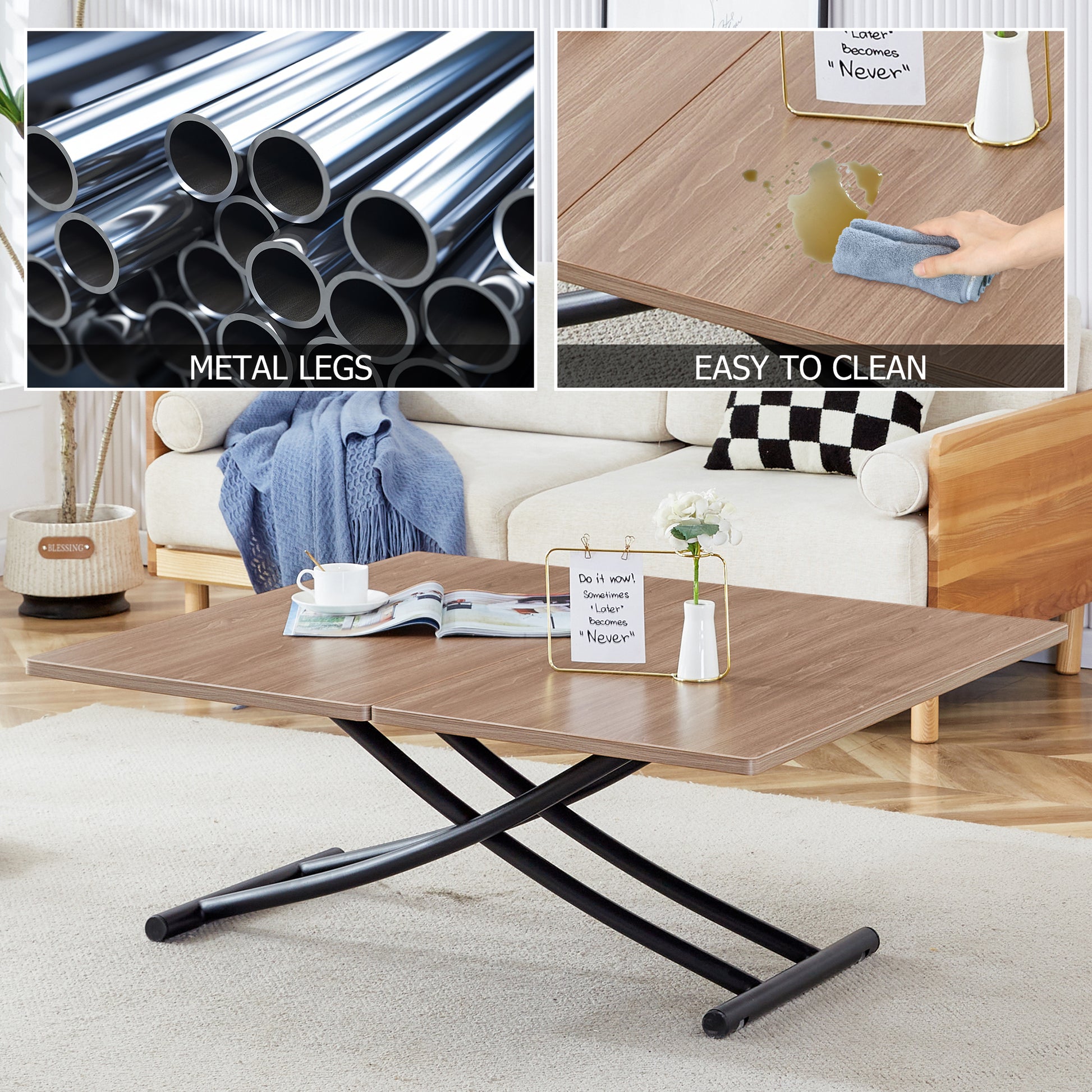 Modern Minimalist Multifunctional Lifting Table, 0.8 Inch Wood Grain Craft Sticker Desktop, Black Metal Legs. 4 Faux Leather Upholstered Dining Chairs With Black Metal Legs. Lt 10055 B0502 Natural Wood Wash Metal