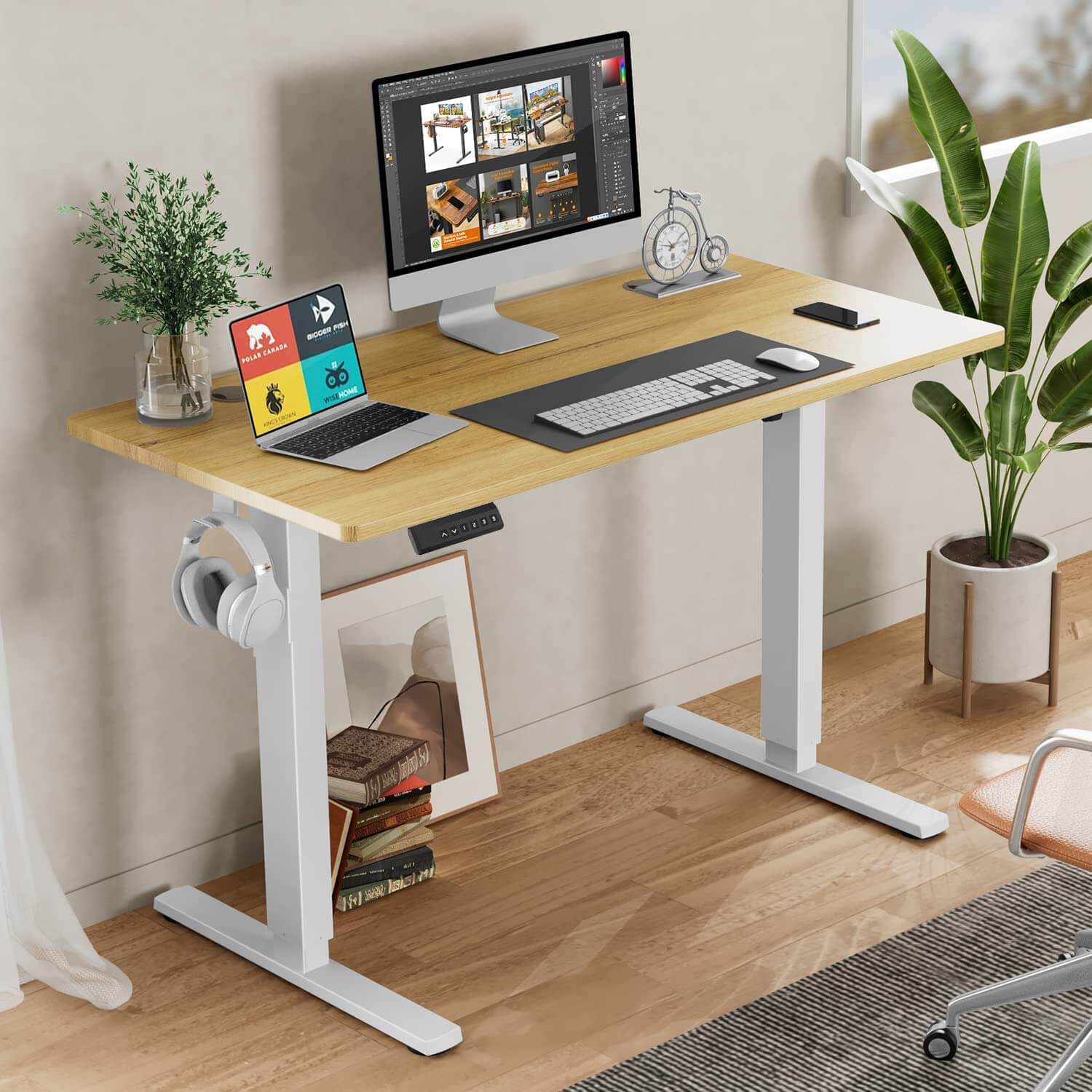 Electric Height Adjustable Standing Desk,Sit To Stand Ergonomic Computer Desk,Yellow,55'' X 24" Yellow Wood
