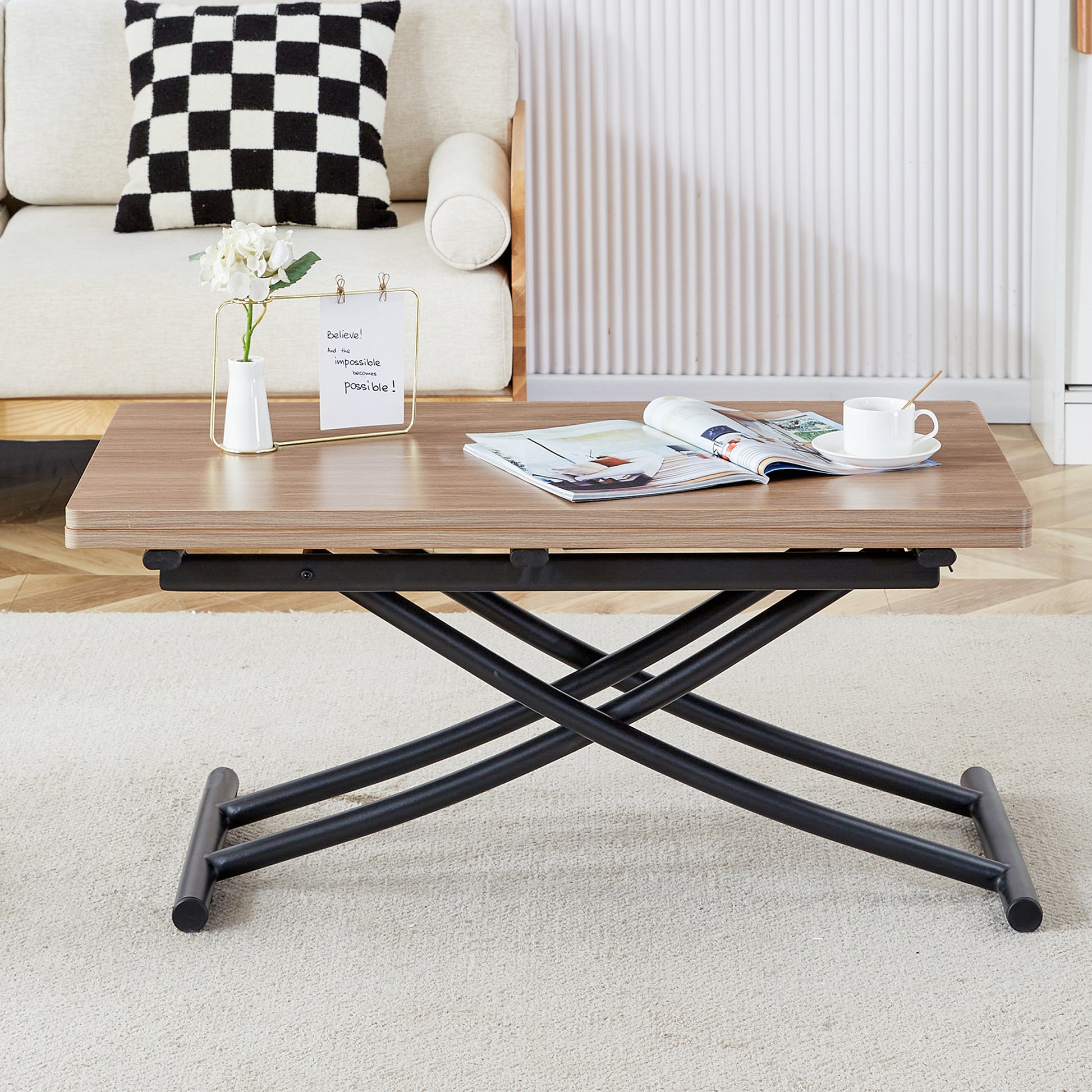 Modern Minimalist Multifunctional Lifting Table, 0.8 Inch Wood Grain Craft Sticker Desktop, Black Metal Legs. 4 Upholstered Dining Chairs With Black Metal Legs. Lt 10055 B0501 Natural Wood Wash Metal