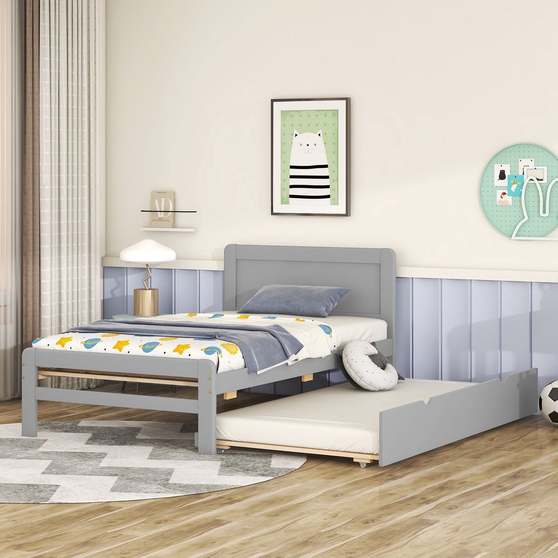 Modern Design Twin Size Platform Bed Frame With Trundle For Grey Color Grey Rubber Wood