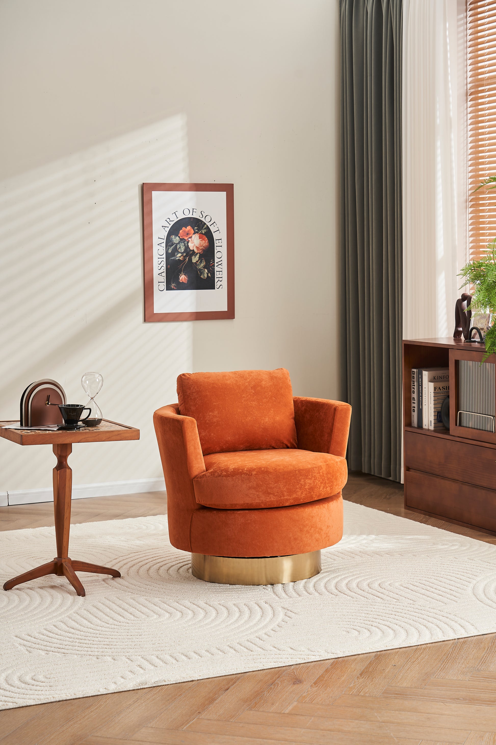 Velvet Swivel Barrel Chair, Swivel Accent Chairs Armchair For Living Room, Reading Chairs For Bedroom Comfy, Round Barrel Chairs With Gold Stainless Steel Base Orange Orange Primary Living Space