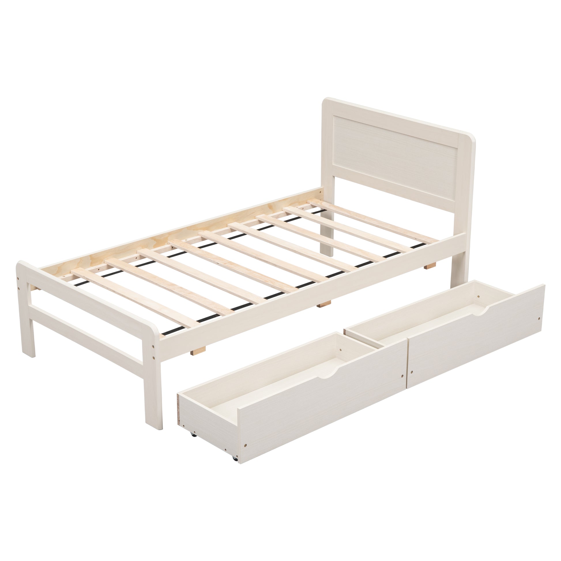 Modern Design Twin Size Platform Bed Frame With 2 Drawers For White Washed Color Twin White Washed Rubber Wood