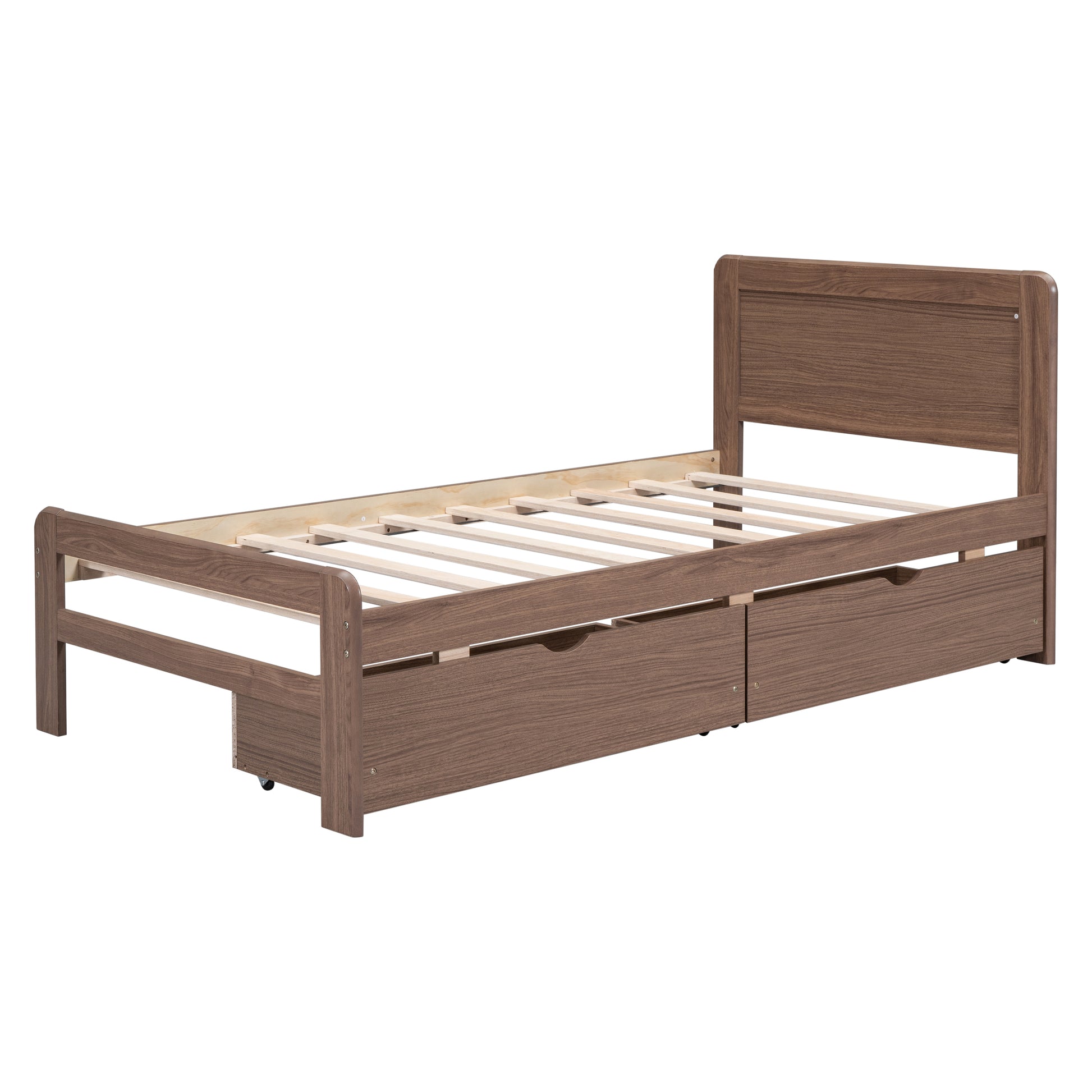 Modern Design Twin Size Platform Bed Frame With 2 Drawers For Walnut Color Twin Walnut Rubber Wood
