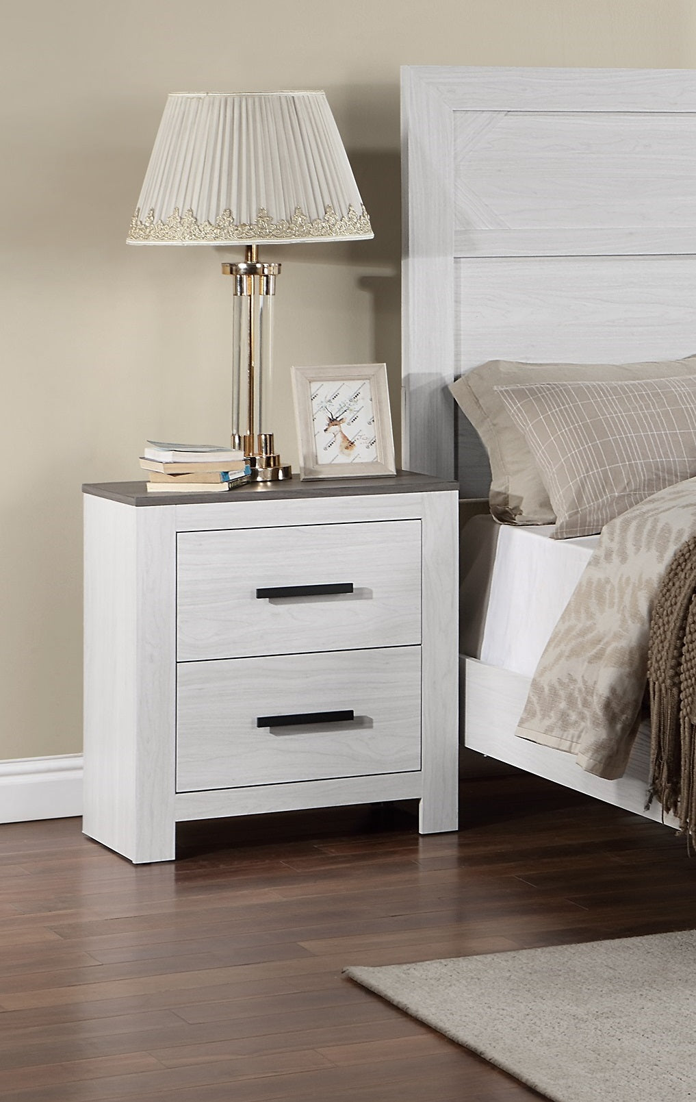 White Color 1Pc Nightstand Paper Veneer Bedroom Furniture 2 Drawers Bedside Table White 2 Drawers Bedroom Bedside Cabinet Contemporary,Modern,Transitional Particle Board