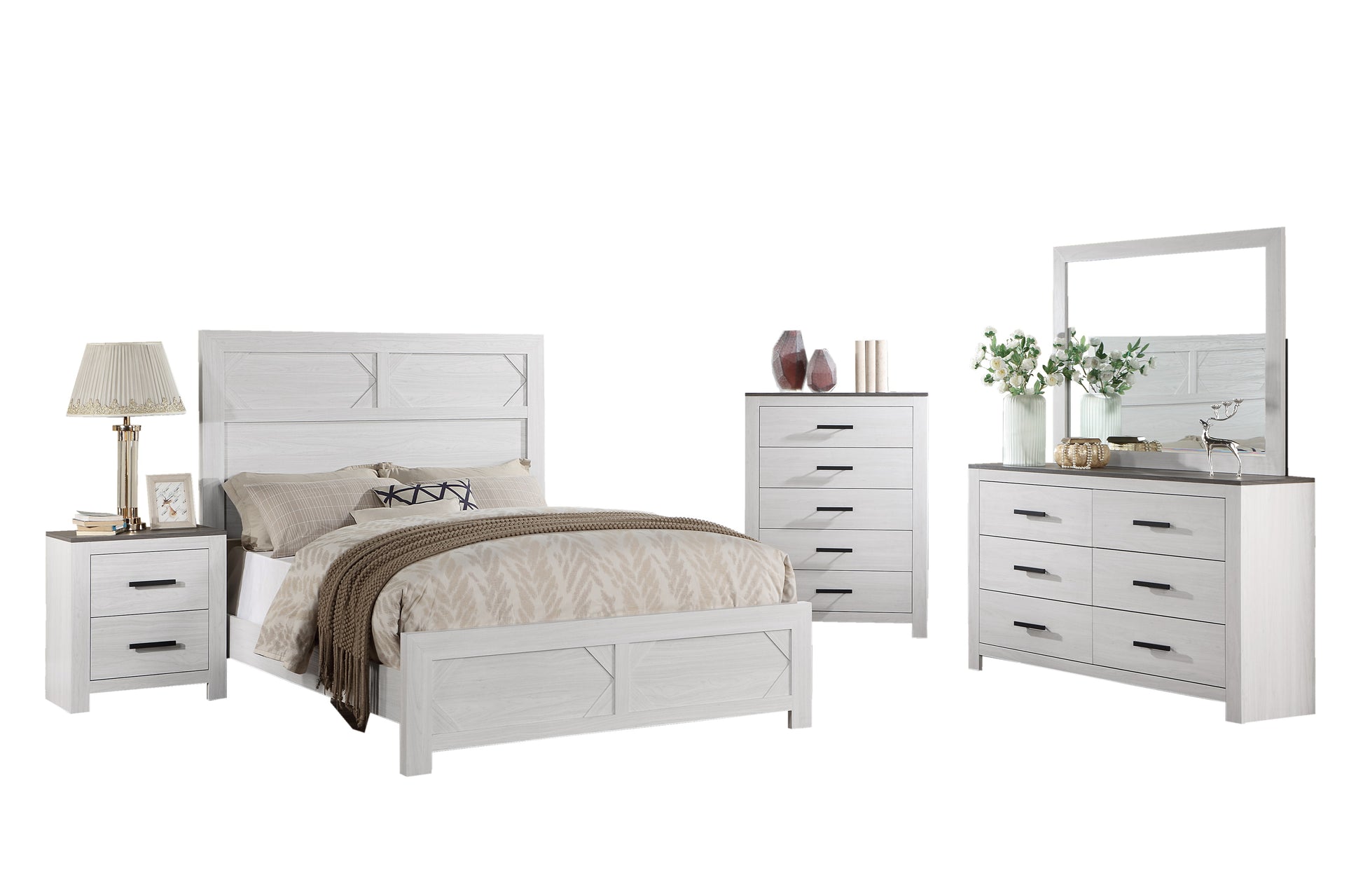 White Color 1Pc Queen Size Bed High Headboard Mdf Particle Board Bedroom Furniture Bedframe Unique Panel Design Box Spring Required Queen White Wood Bedroom Contemporary,Modern Panel Particle Board