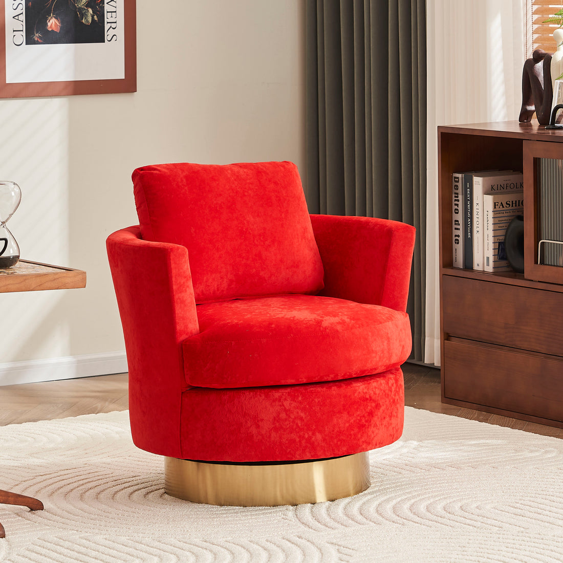 Velvet Swivel Barrel Chair, Swivel Accent Chairs Armchair For Living Room, Reading Chairs For Bedroom Comfy, Round Barrel Chairs With Gold Stainless Steel Base Red Red Primary Living Space Modern Velvet