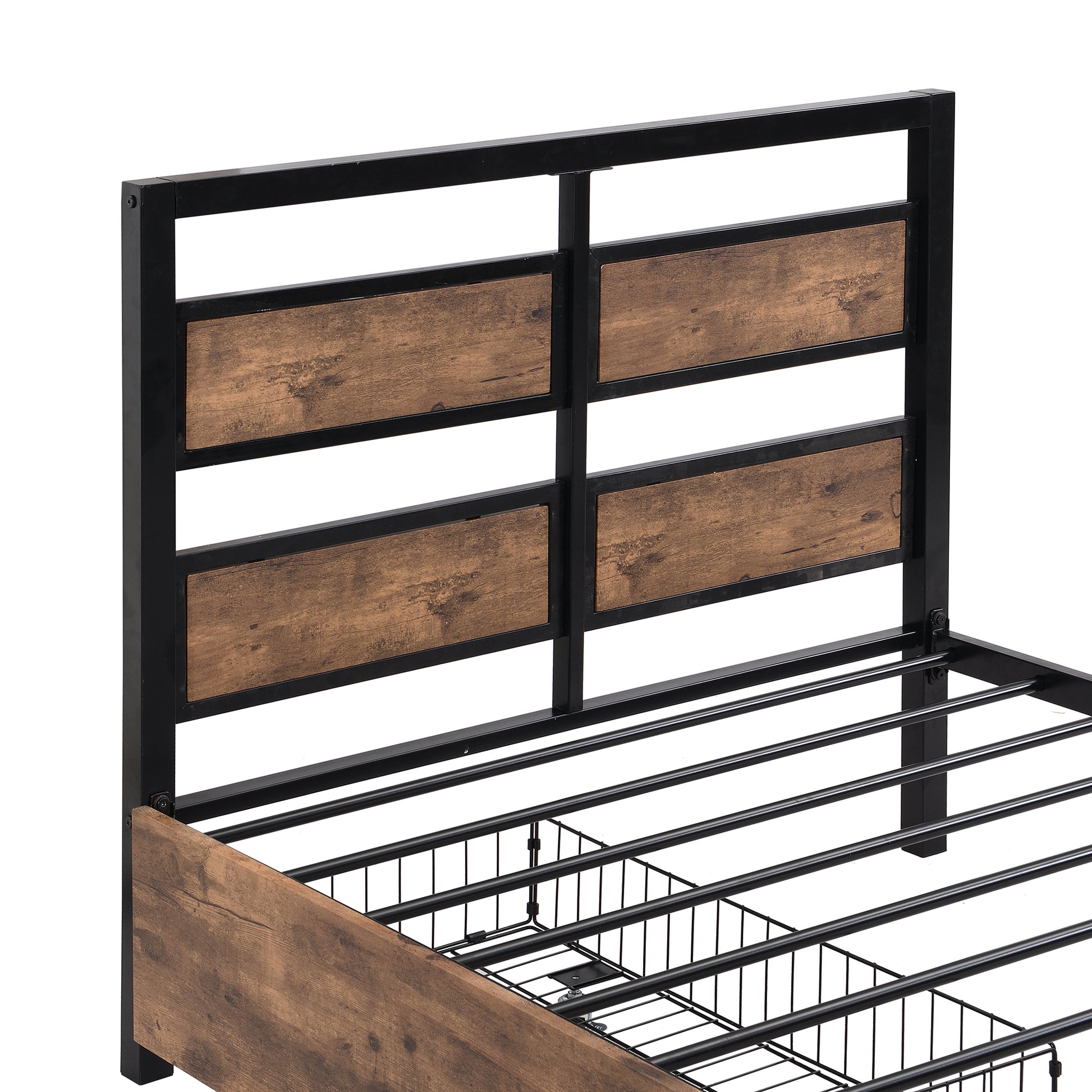 Twin Size Metal Platform Bed With Mdf Headboard And Footboard,Two Storage Drawers And Rotatable Tv Stand,Black Twin Black Metal