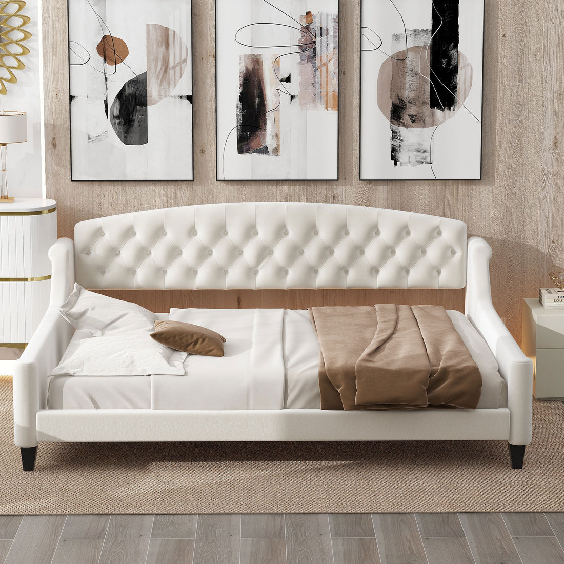 Modern Luxury Tufted Button Daybed, Full, Beige Box Spring Not Required Full Beige Wood Velvet Upholstered