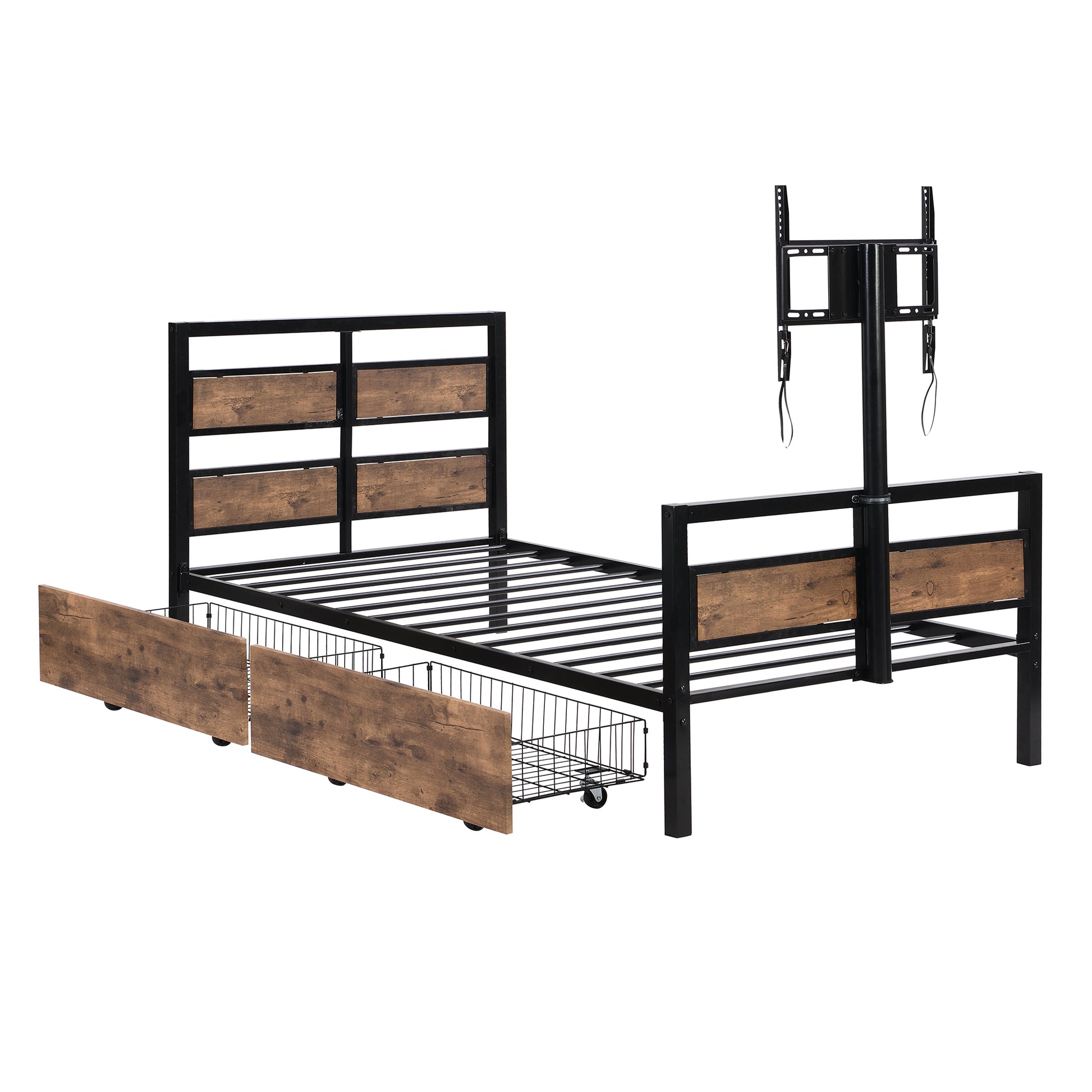 Twin Size Metal Platform Bed With Mdf Headboard And Footboard,Two Storage Drawers And Rotatable Tv Stand,Black Twin Black Metal