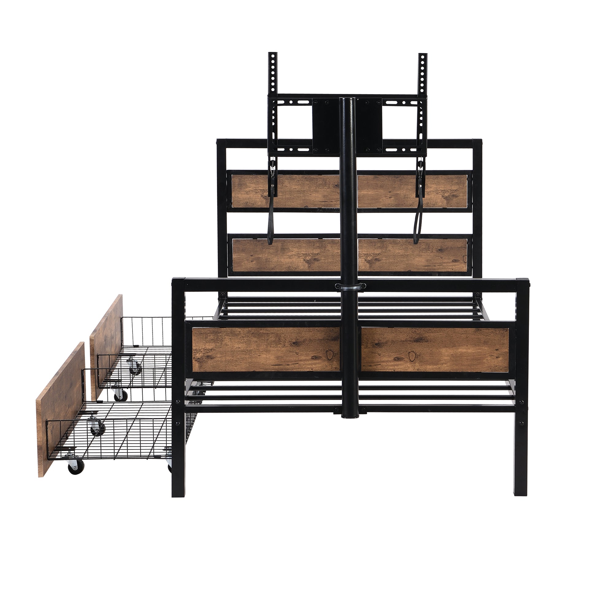 Twin Size Metal Platform Bed With Mdf Headboard And Footboard,Two Storage Drawers And Rotatable Tv Stand,Black Twin Black Metal