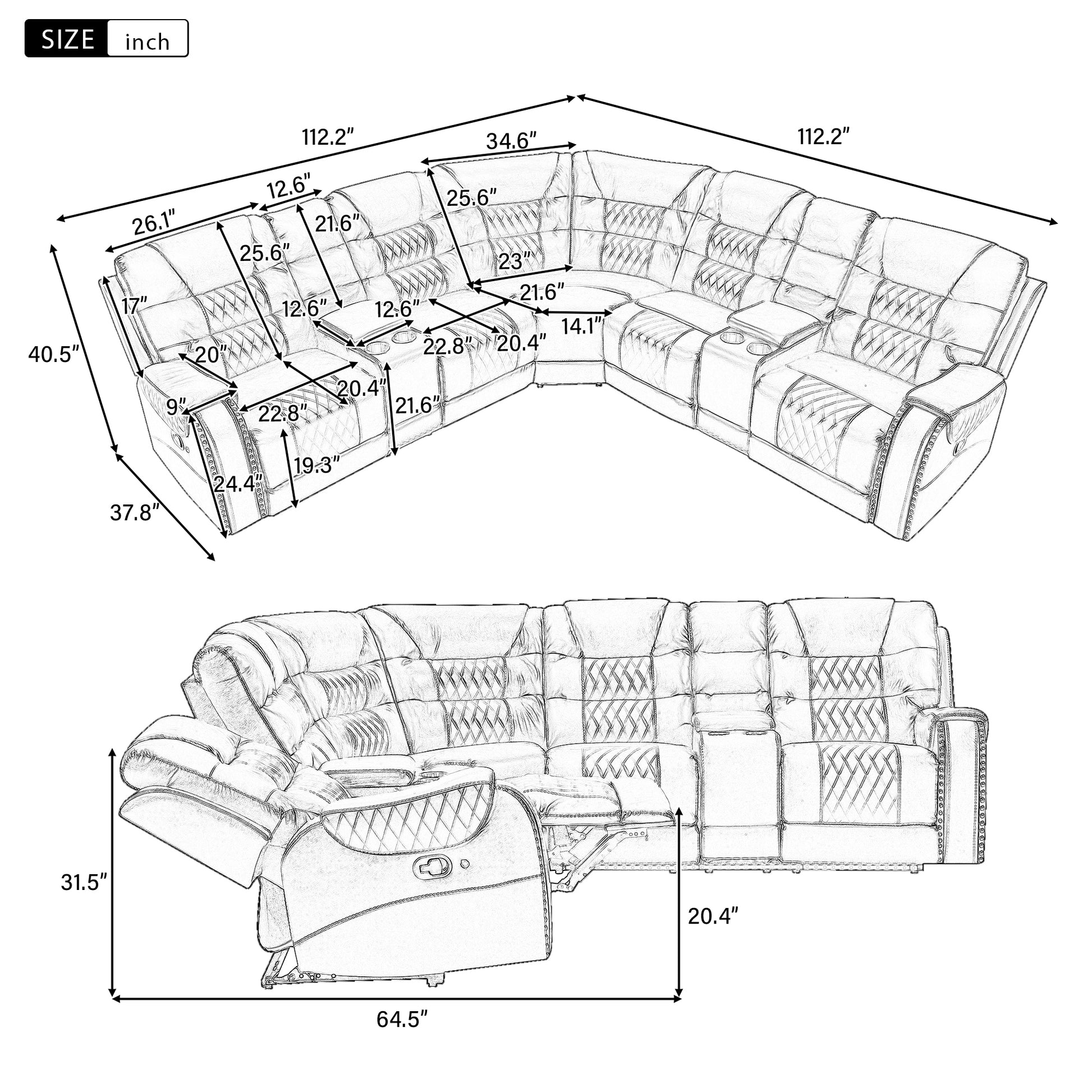 112.2" Manual Reclining Sectional Sofa Set L Shaped Symmetrical Motion Sofa Corner Couch Sets With Storage Boxes, 4 Cup Holders And Led Light Strip For Living Room, Brown Brown Foam Pu Leather 5 Seat