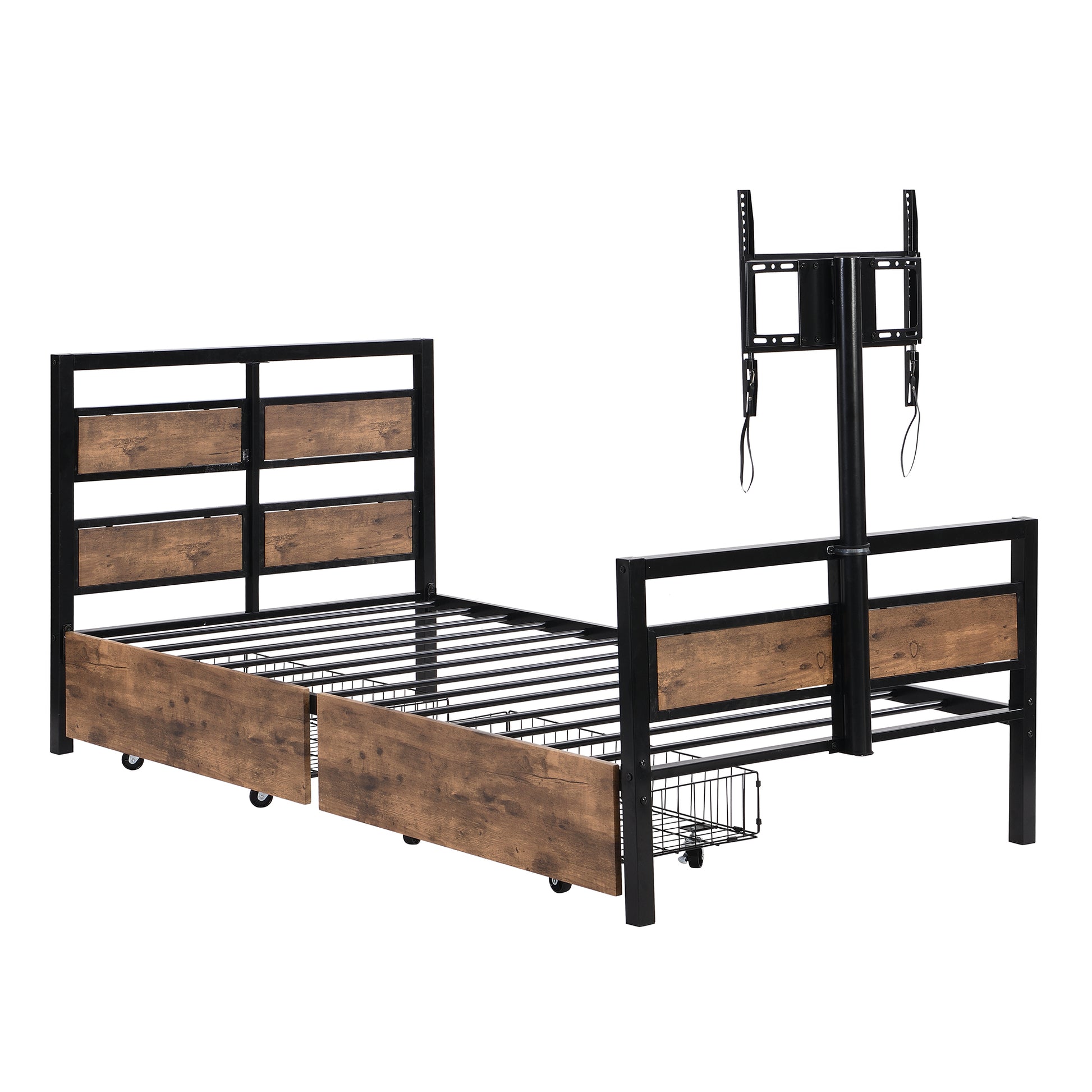 Twin Size Metal Platform Bed With Mdf Headboard And Footboard,Two Storage Drawers And Rotatable Tv Stand,Black Twin Black Metal