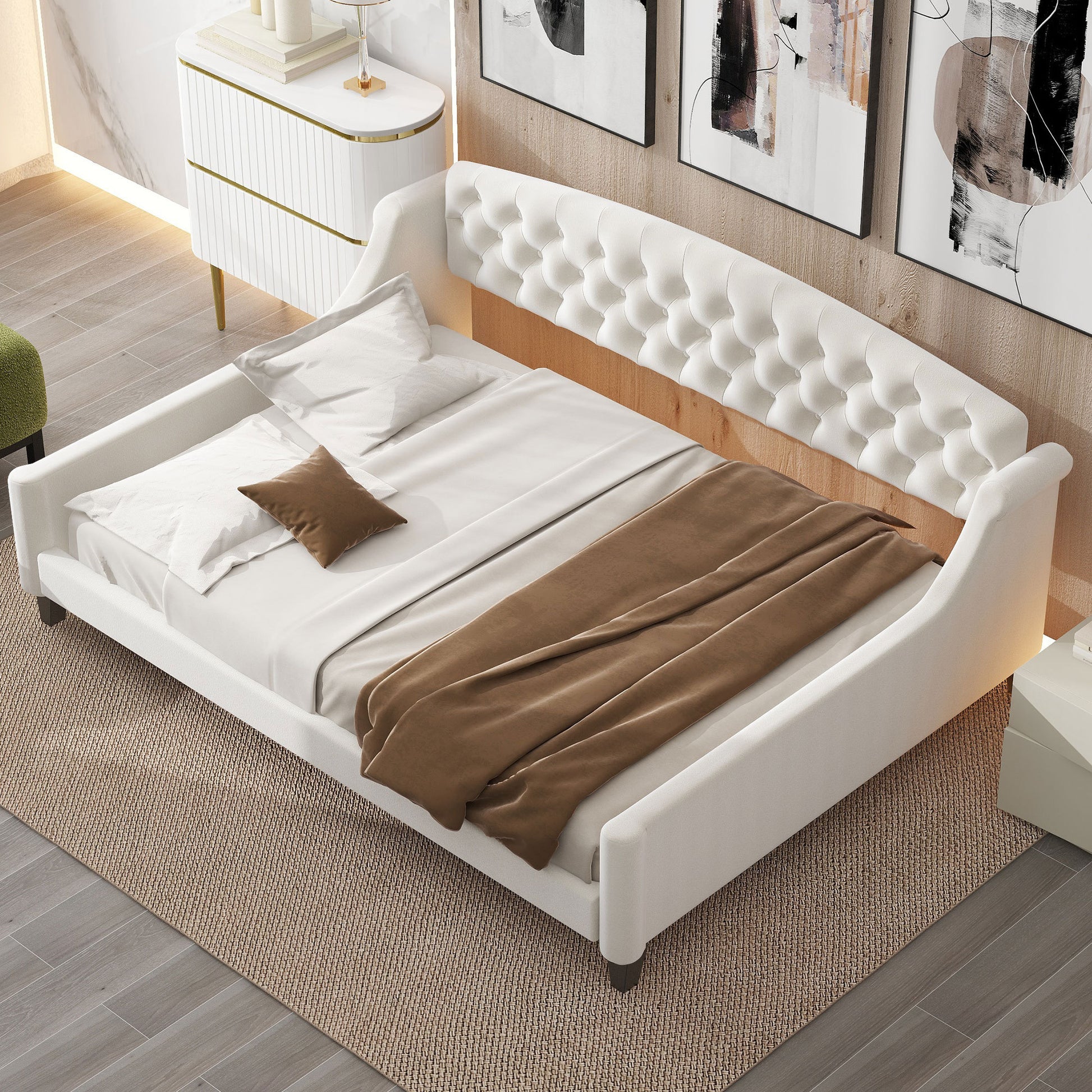 Modern Luxury Tufted Button Daybed, Full, Beige Box Spring Not Required Full Beige Wood Velvet Upholstered