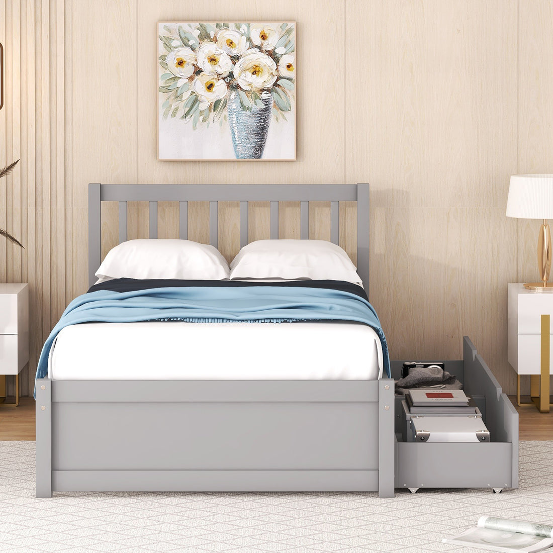 Modern Design Wooden Twin Size Platform Bed With 2 Drawers For Grey Color Grey Rubber Wood