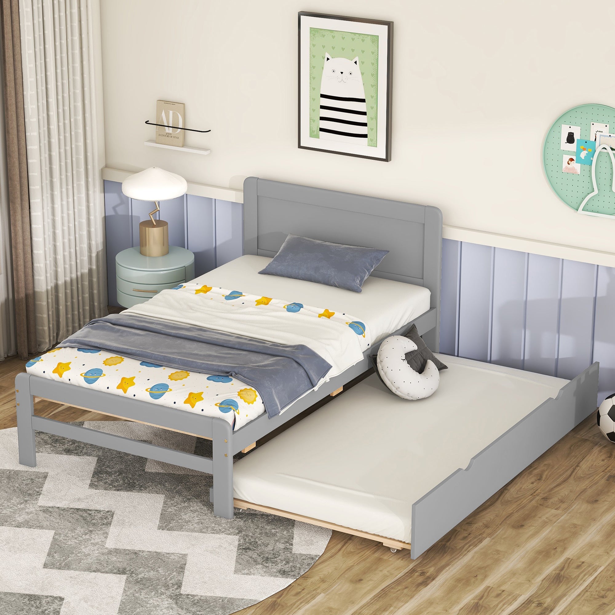 Modern Design Twin Size Platform Bed Frame With Trundle For Grey Color Grey Rubber Wood