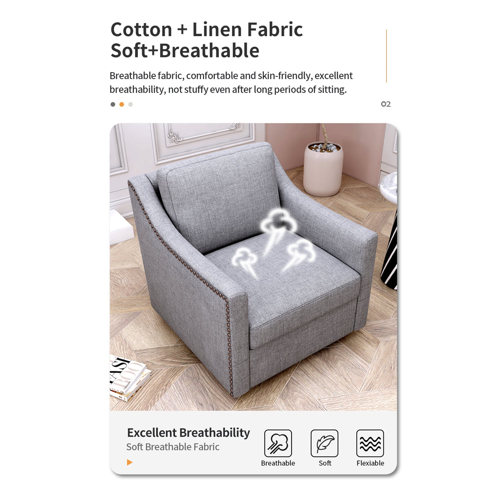 360 Degree Swivel Armchair Cotton Linen Skin Friendly Fabric Ergonomic Design Brass Nail Decorative Armchair Living Room Chairs Bedroom Chairs Living Room Chairs Black Legs Suitable For Indoor Homes Grey Modern Foam Cotton Linen