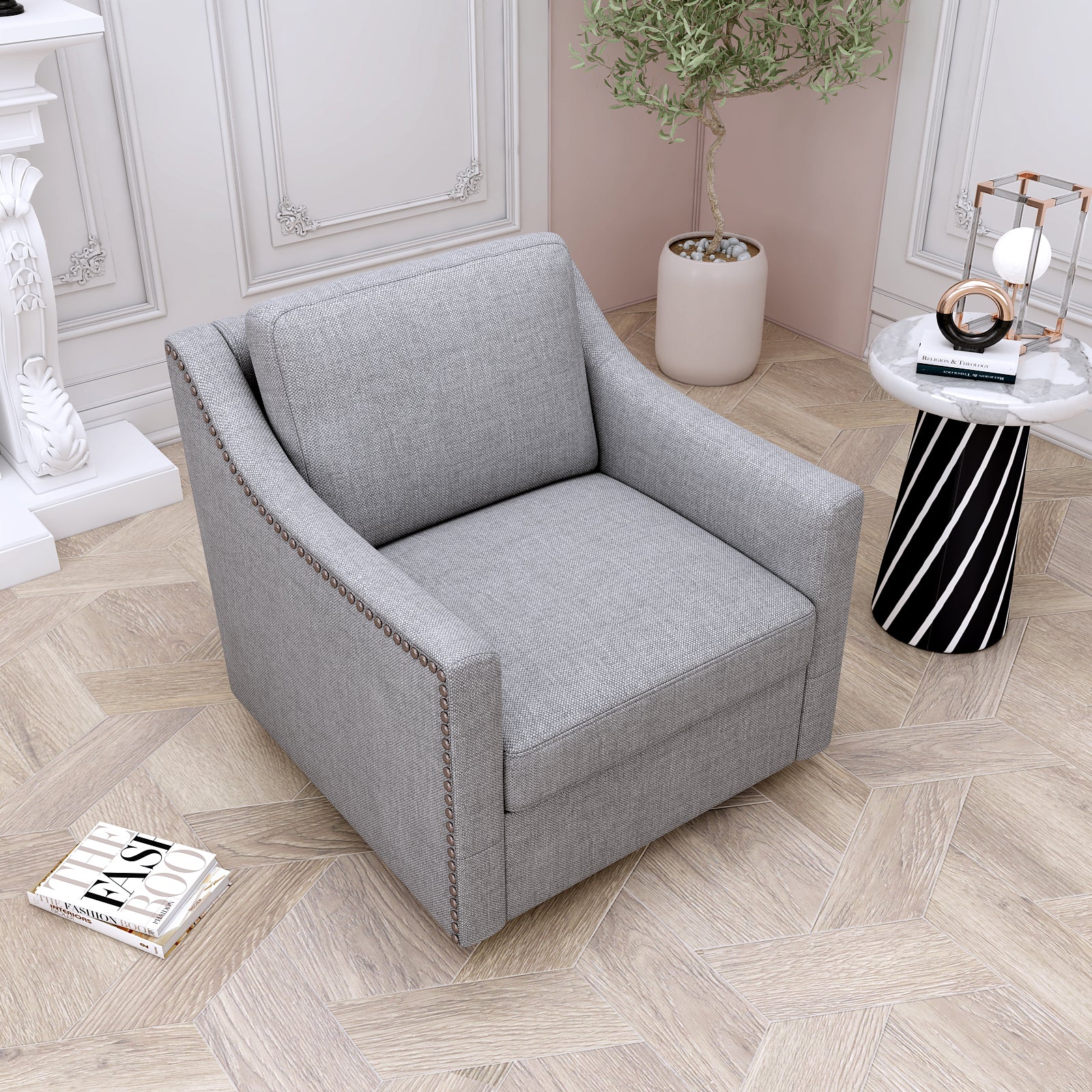 360 Degree Swivel Armchair Cotton Linen Skin Friendly Fabric Ergonomic Design Brass Nail Decorative Armchair Living Room Chairs Bedroom Chairs Living Room Chairs Black Legs Suitable For Indoor Homes Grey Modern Foam Cotton Linen