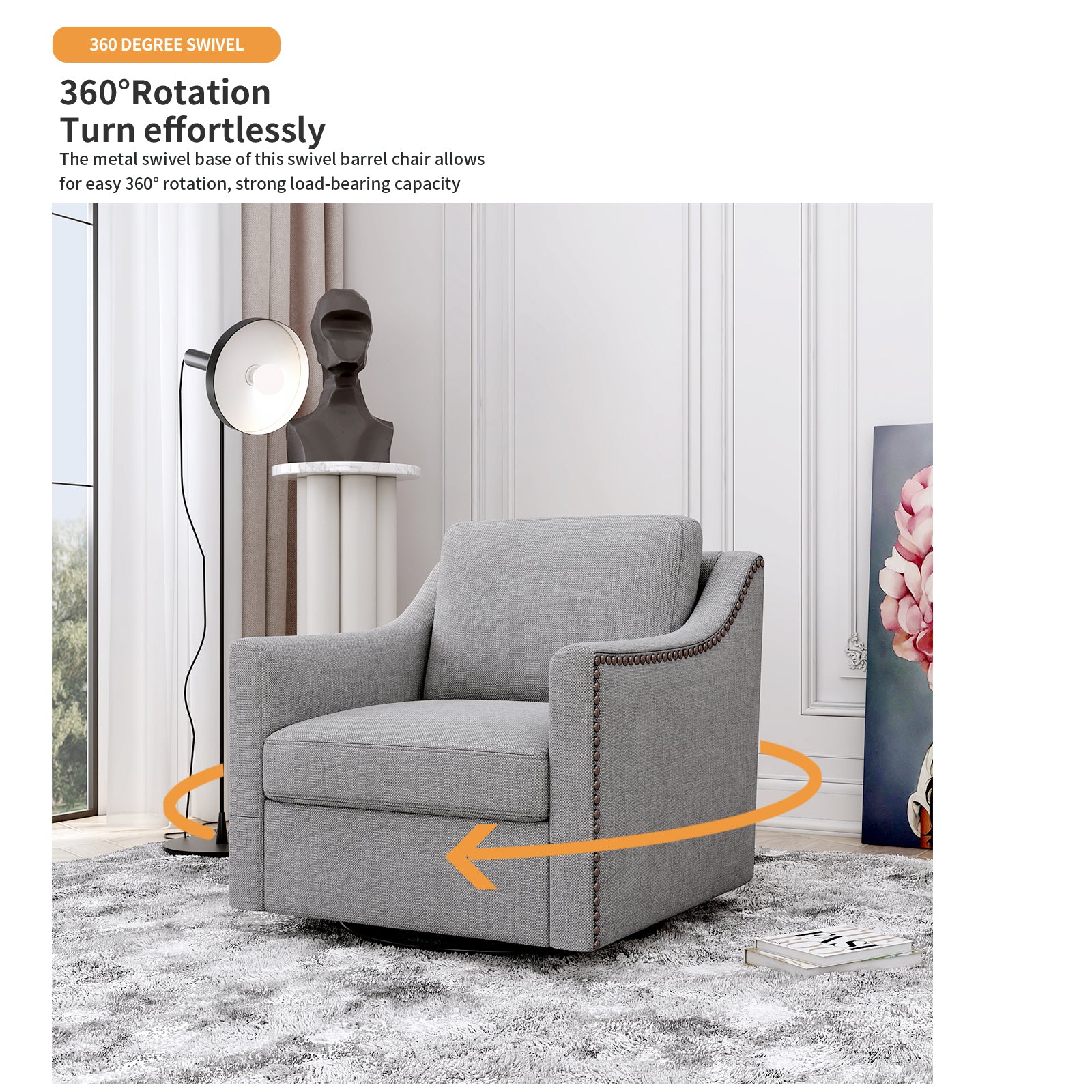 360 Degree Swivel Armchair Cotton Linen Skin Friendly Fabric Ergonomic Design Brass Nail Decorative Armchair Living Room Chairs Bedroom Chairs Living Room Chairs Black Legs Suitable For Indoor Homes Grey Modern Foam Cotton Linen