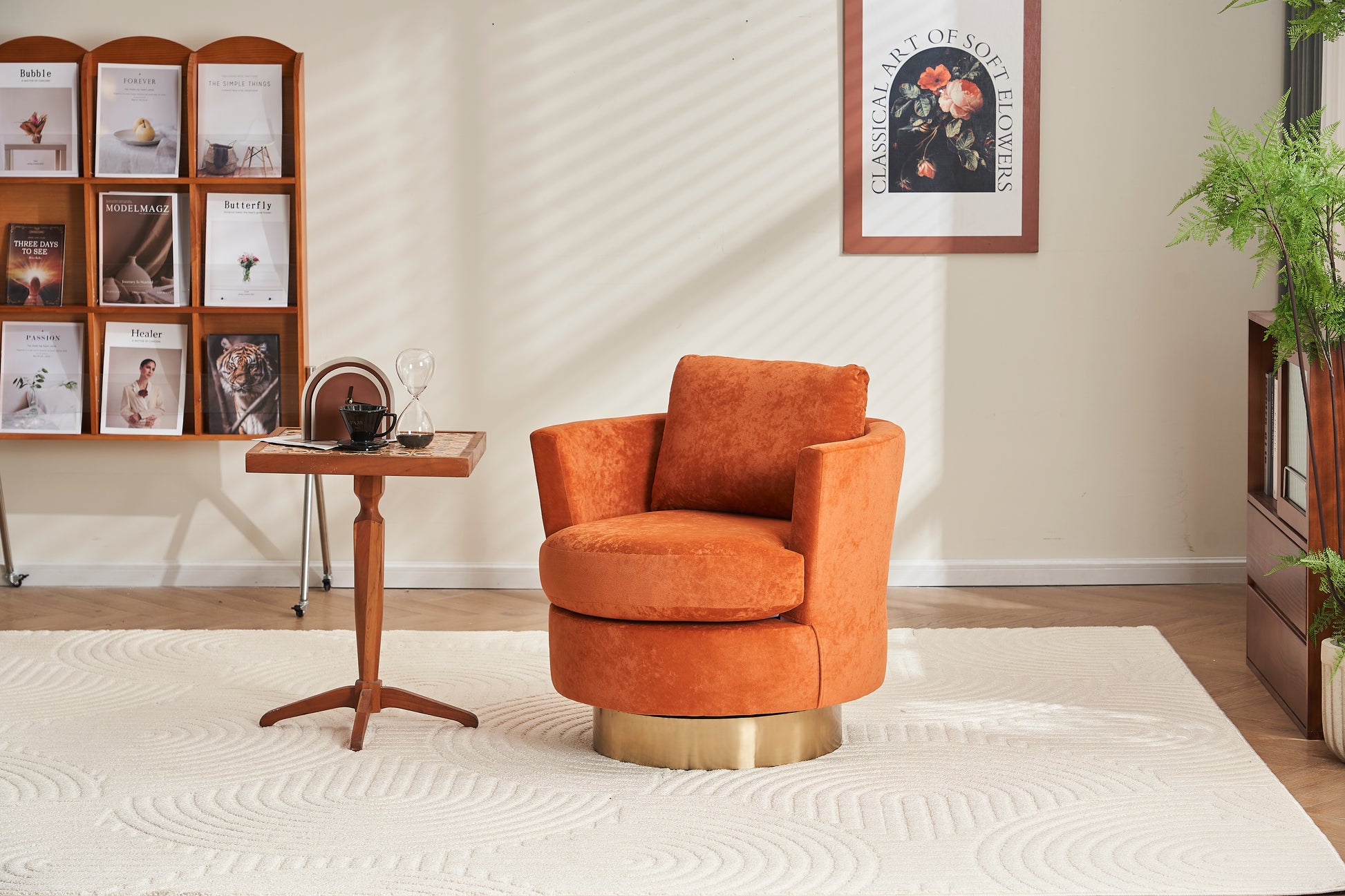 Velvet Swivel Barrel Chair, Swivel Accent Chairs Armchair For Living Room, Reading Chairs For Bedroom Comfy, Round Barrel Chairs With Gold Stainless Steel Base Orange Orange Primary Living Space