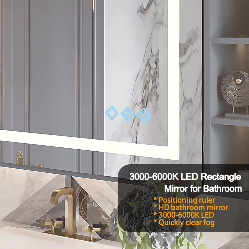 48X36Inch Led Bathroom Mirror,3000 6000K Gradient Front And Backlit Led Mirror For Bathroom,3Colors Dimmable,Ip54 Enhanced Anti Fog,Hanging Plates Wall Mount Lighted Mirror Only Mirrors, Not Cabinets Silver Classic,Modern Aluminium Alloy