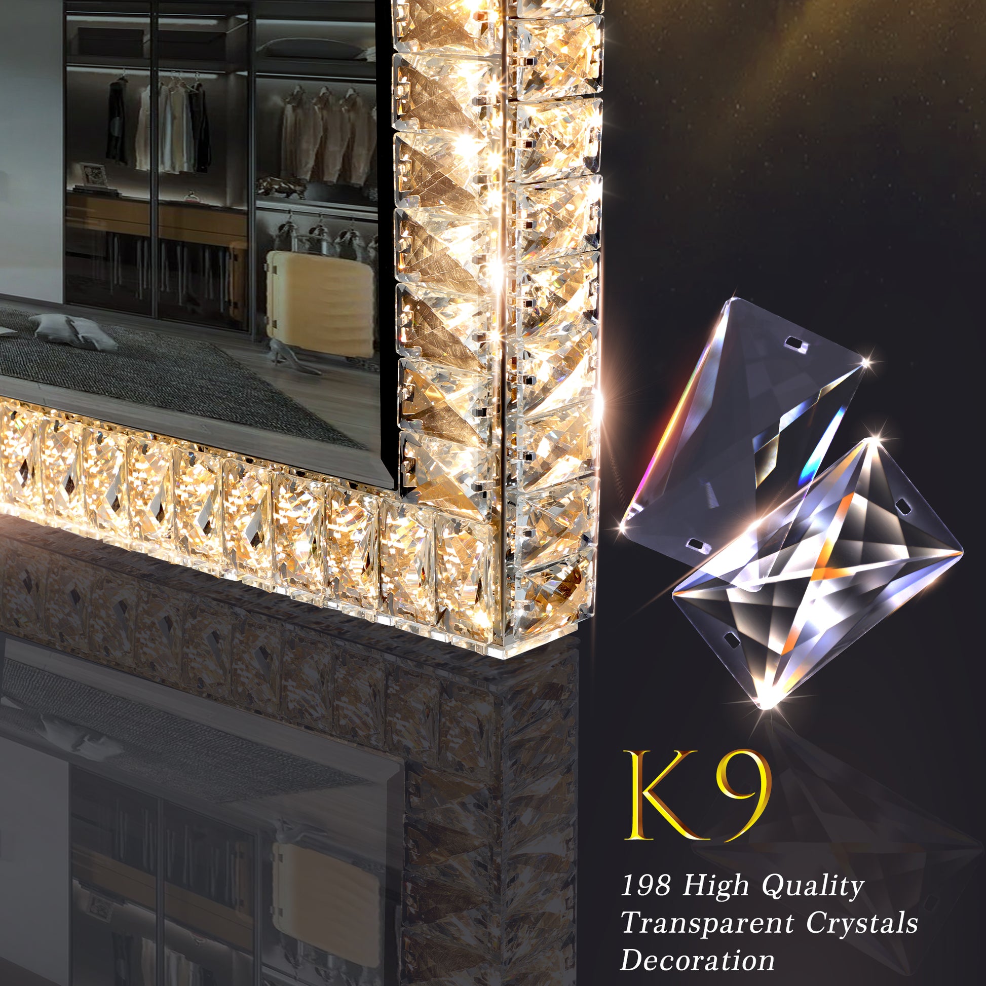 Led Crystal Mirror Light With Dimmable Lights Transparent Modern Crystal Glass