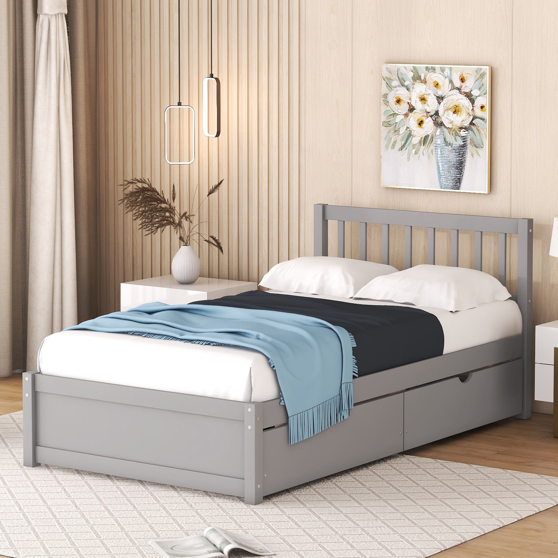 Modern Design Wooden Twin Size Platform Bed With 2 Drawers For Grey Color Grey Rubber Wood