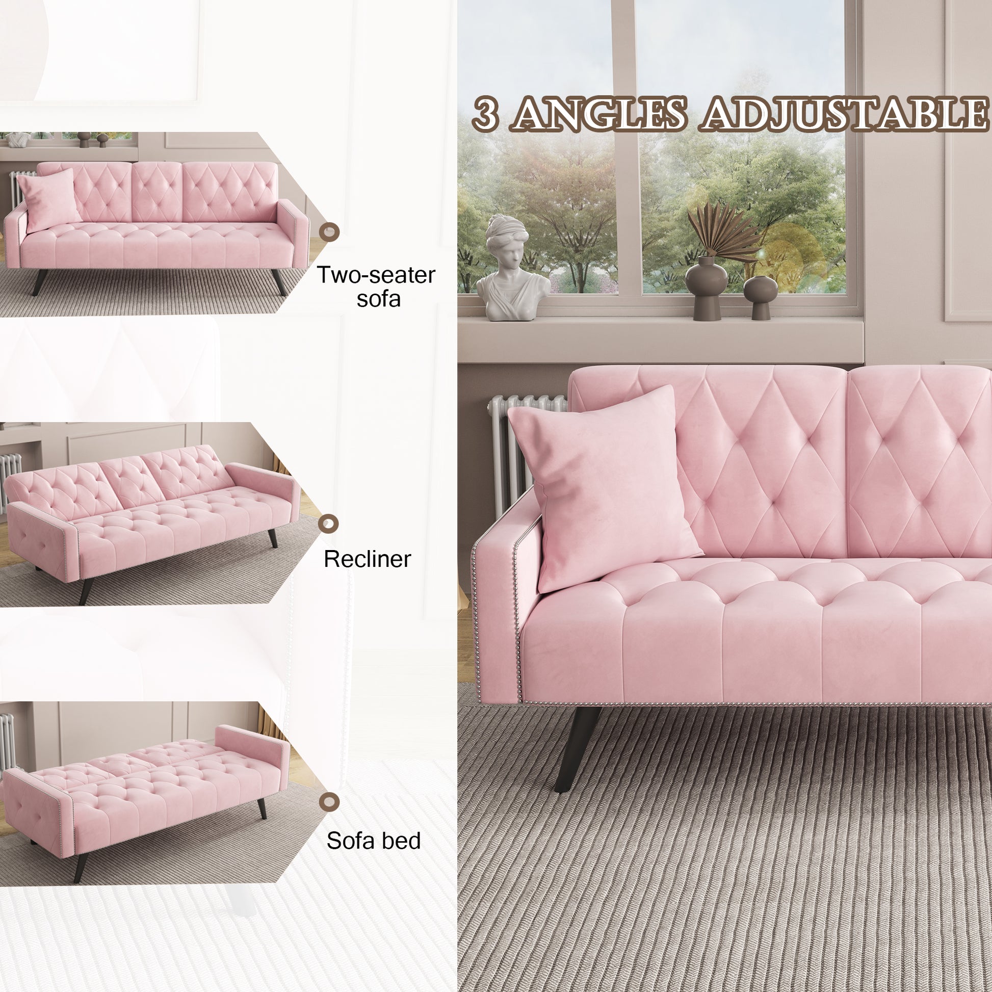 1730 Sofa Bed Armrest With Nail Head Trim With Two Cup Holders 72" Pink Velvet Sofa For Small Spaces Pink Altay Velvet 3 Seat