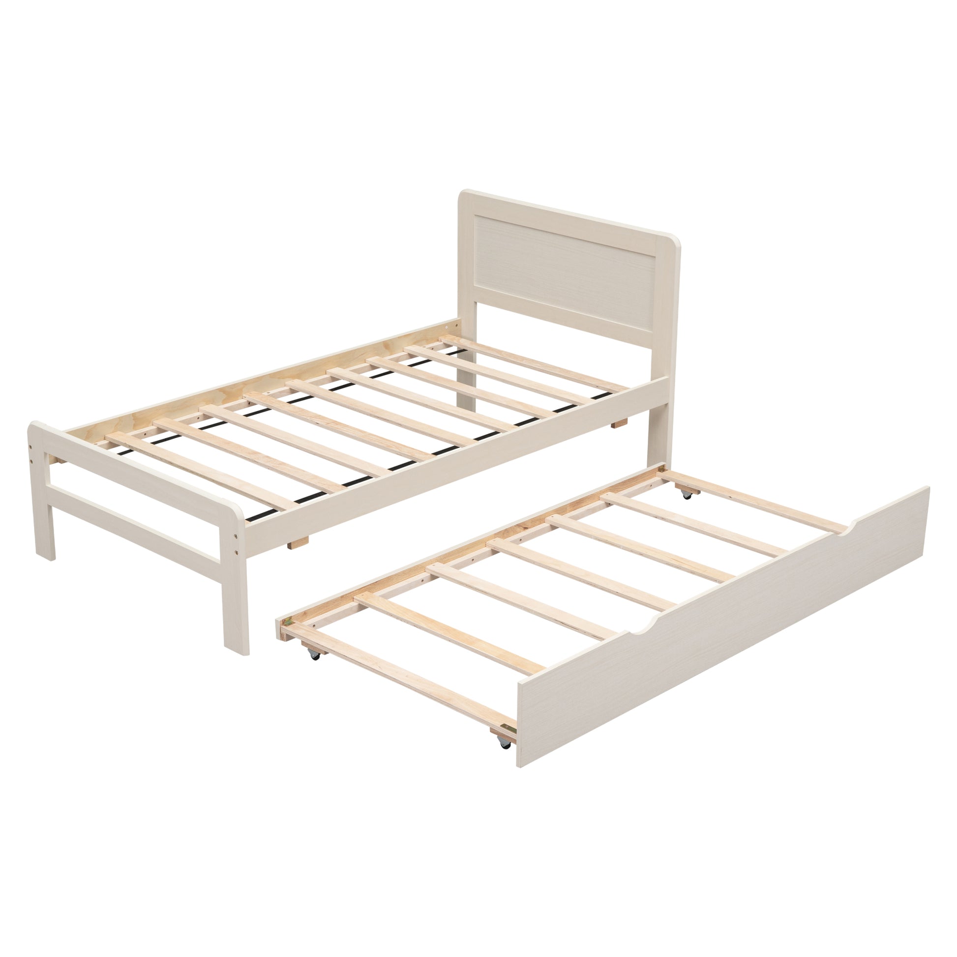 Modern Design Twin Size Platform Bed Frame With Trundle For White Washed Color White Washed Rubber Wood