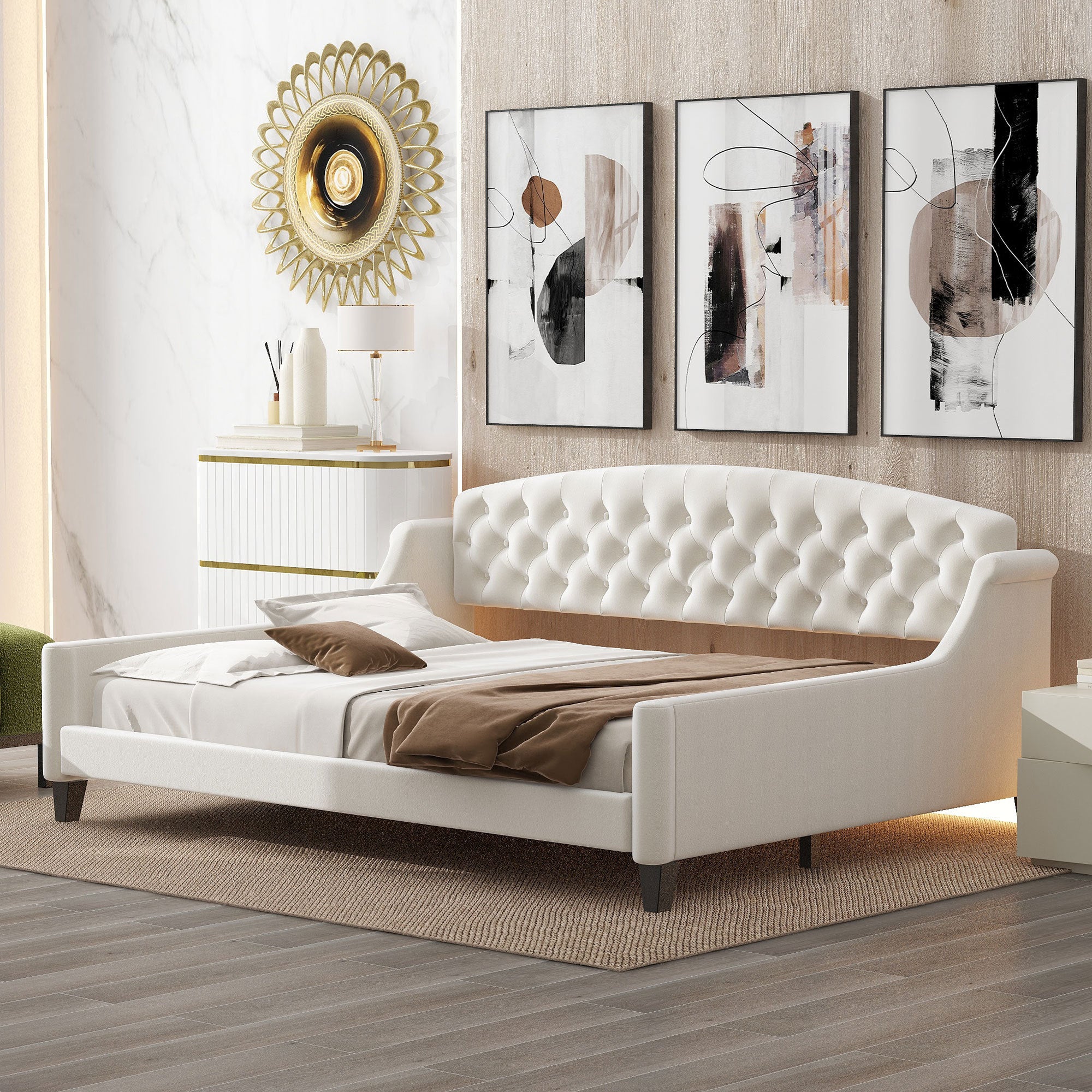 Modern Luxury Tufted Button Daybed, Full, Beige Box Spring Not Required Full Beige Wood Velvet Upholstered