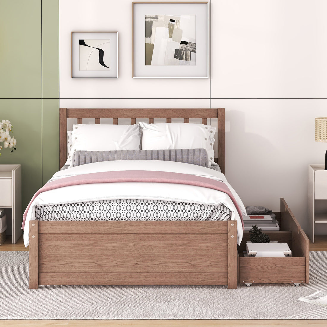 Modern Design Twin Size Platform Bed With 2 Drawers For Walnut Color Walnut Rubber Wood