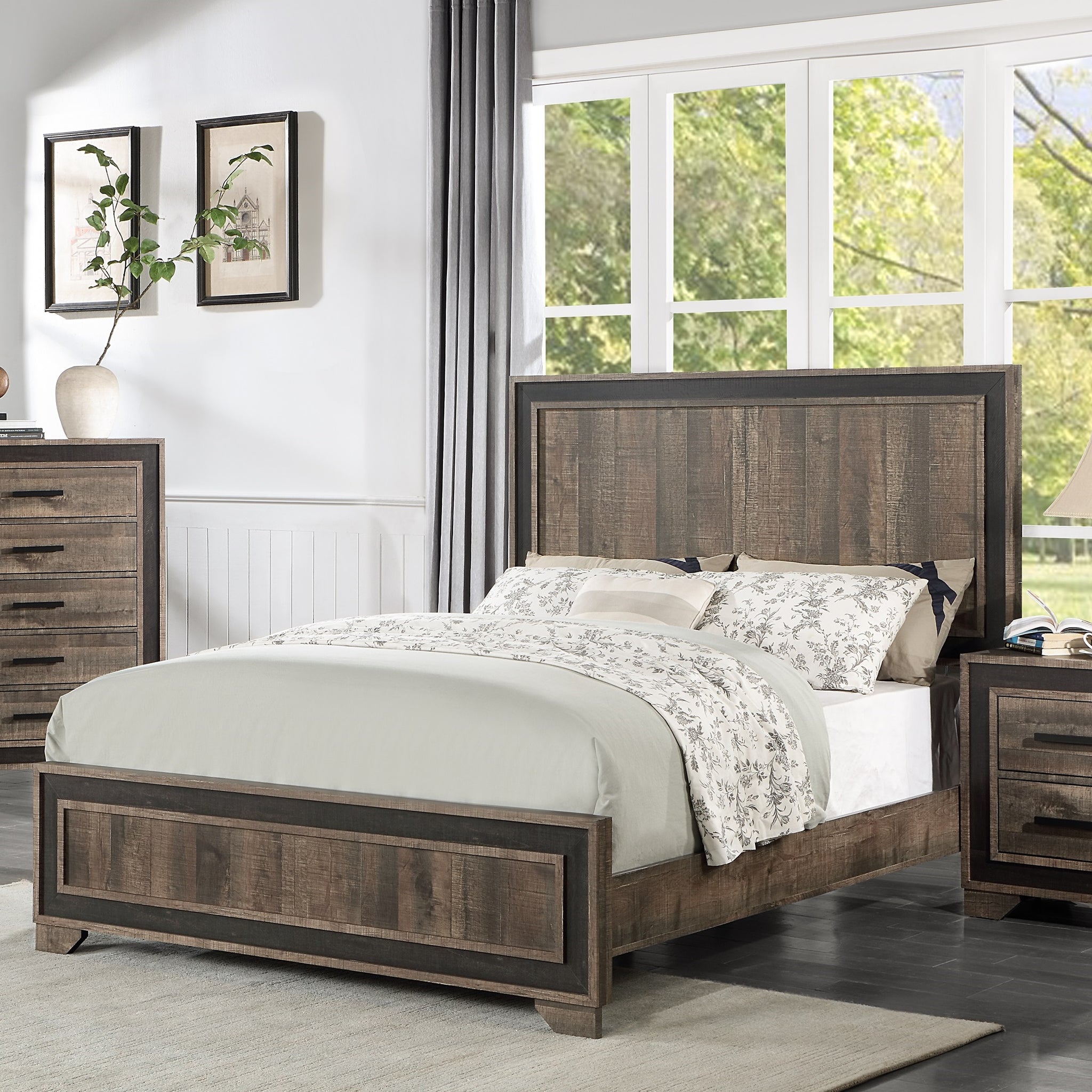 Oak Finish 1Pc Queen Size Bed High Headboard Mdf Particle Board Bedroom Furniture Bedframe Unique Panel Design Box Spring Required Queen Oak Wood Bedroom Contemporary,Modern Panel Particle Board