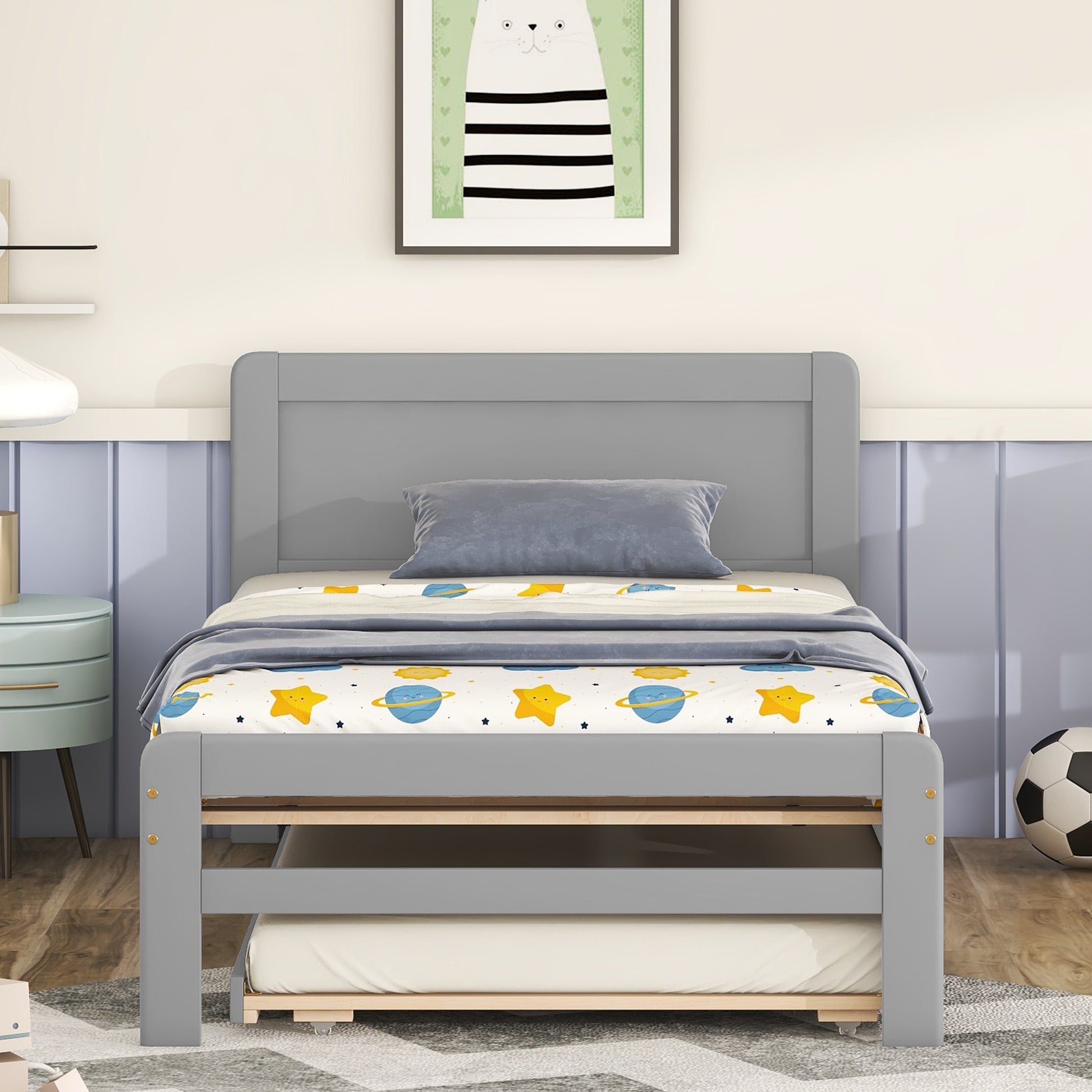 Modern Design Twin Size Platform Bed Frame With Trundle For Grey Color Grey Rubber Wood