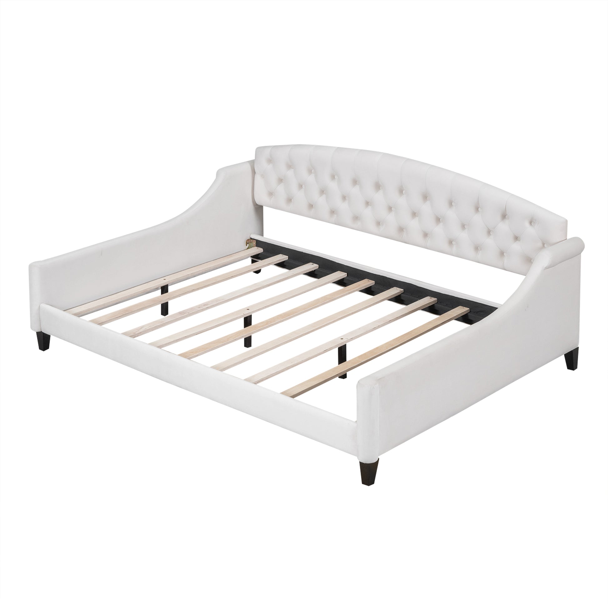 Modern Luxury Tufted Button Daybed, Full, Beige Box Spring Not Required Full Beige Wood Velvet Upholstered