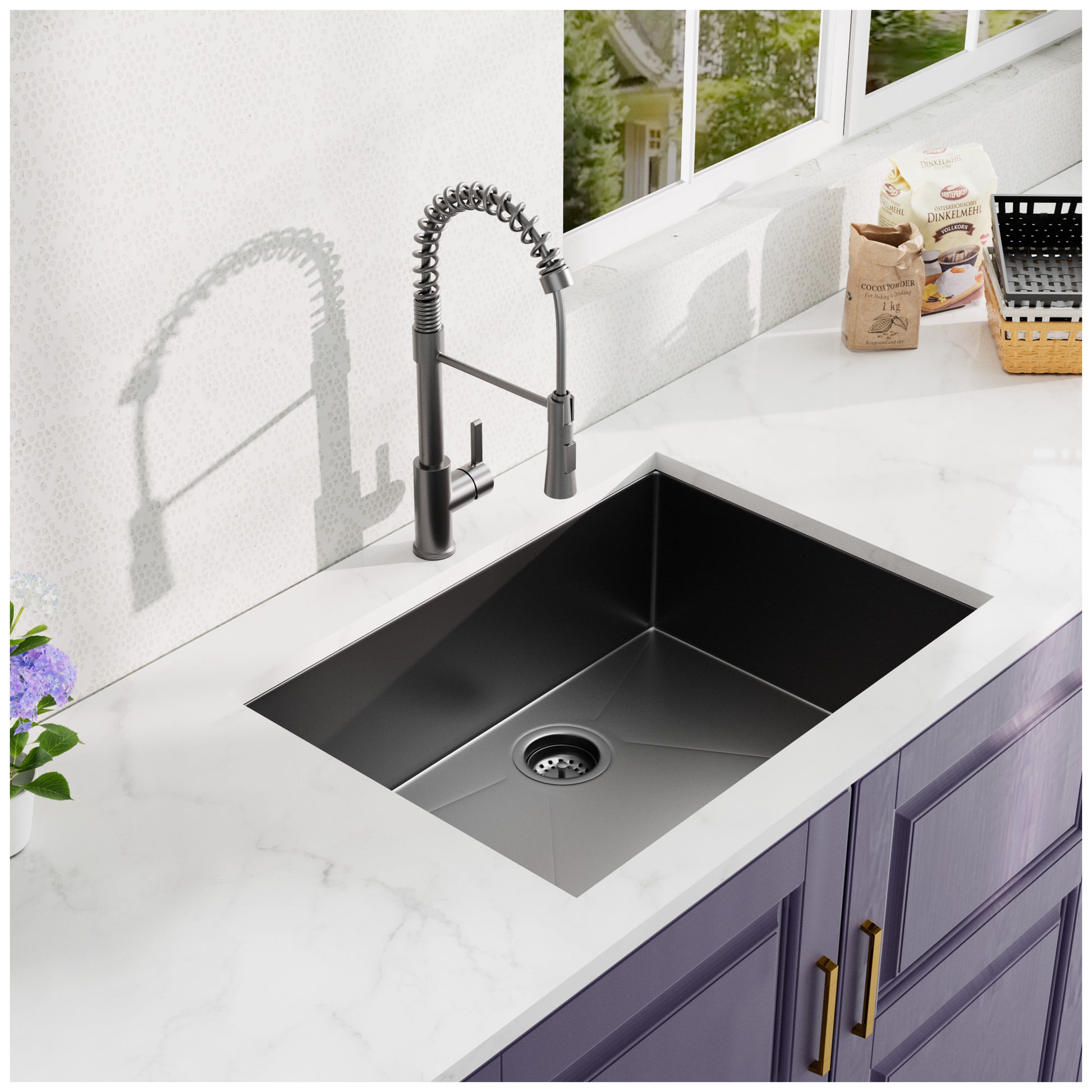 27Inch Gunmetal Black Undermount 18 Guage Stainless Steel Kitchen Sink With Black Spring Neck Faucet Gunmetal Black Stainless Steel