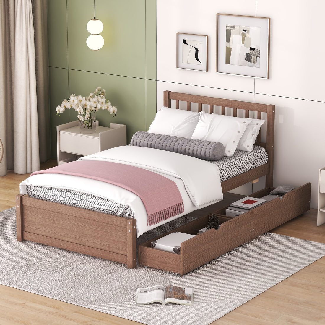Modern Design Twin Size Platform Bed With 2 Drawers For Walnut Color Walnut Rubber Wood
