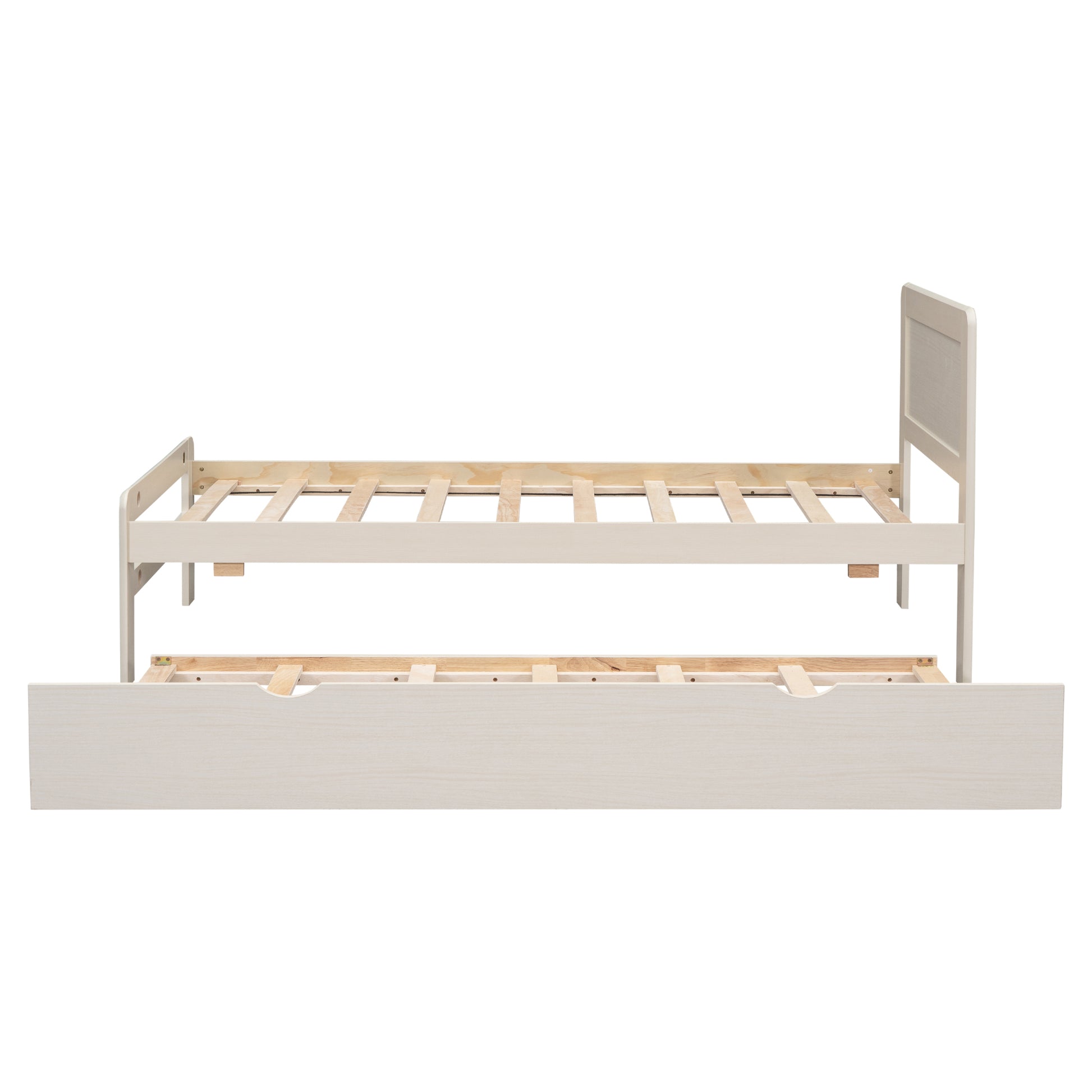 Modern Design Twin Size Platform Bed Frame With Trundle For White Washed Color White Washed Rubber Wood