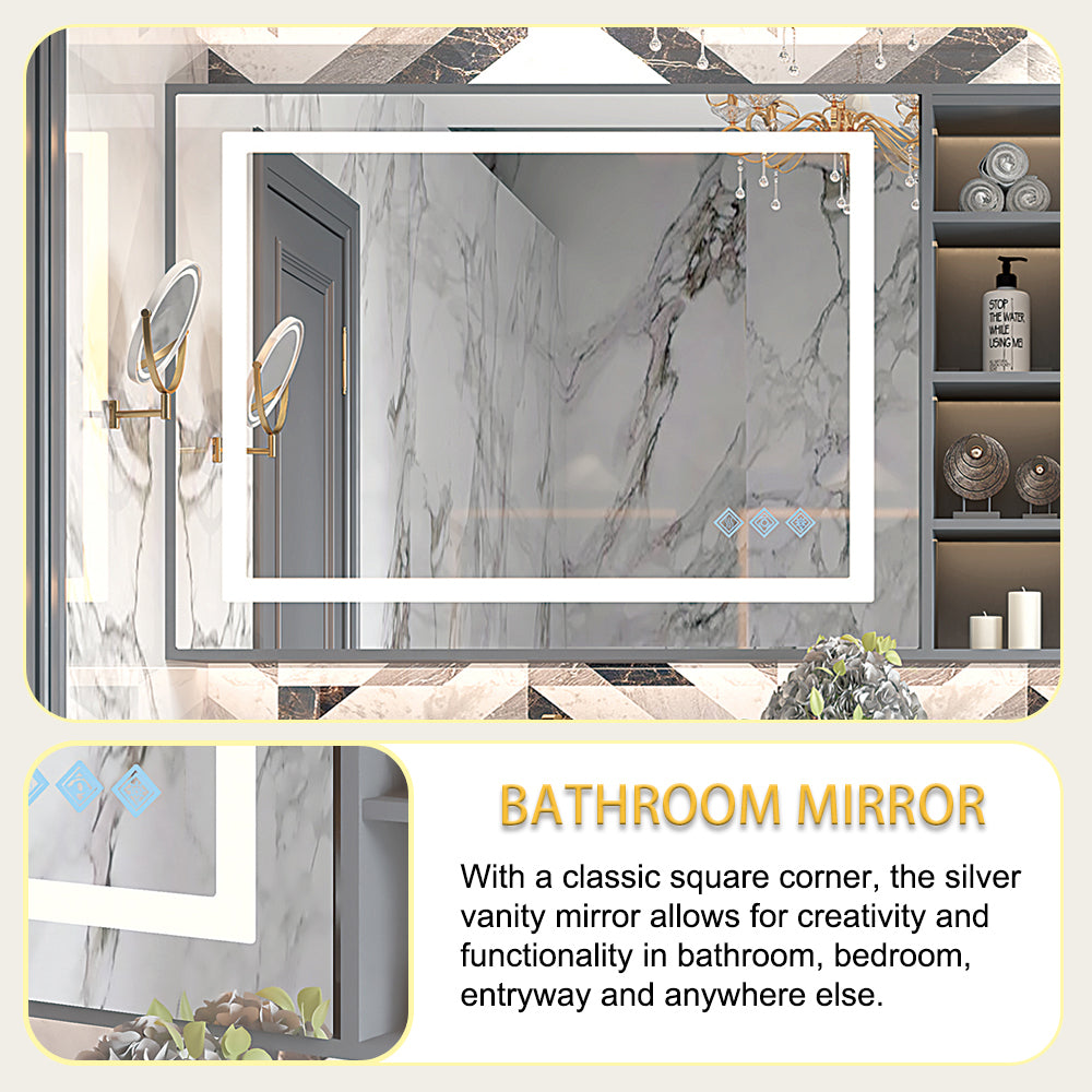 32X24Inch Glossy Brushed Silver 3000 6000K Led Bathroom Mirror With Lights,Anti Fog Dimmable Lighted Wall Mounted Vanity Mirror Master Bath Modern Makeup Only Mirrors, Not Cabinets Horizontal&Vertical Silver Classic,Modern Aluminium Alloy