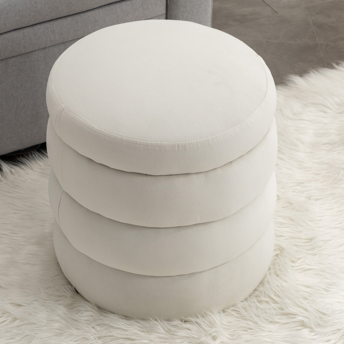 006 Soft Velvet Round Ottoman Footrest Stool,Ivory Ivory Modern Footstool Foam Velvet