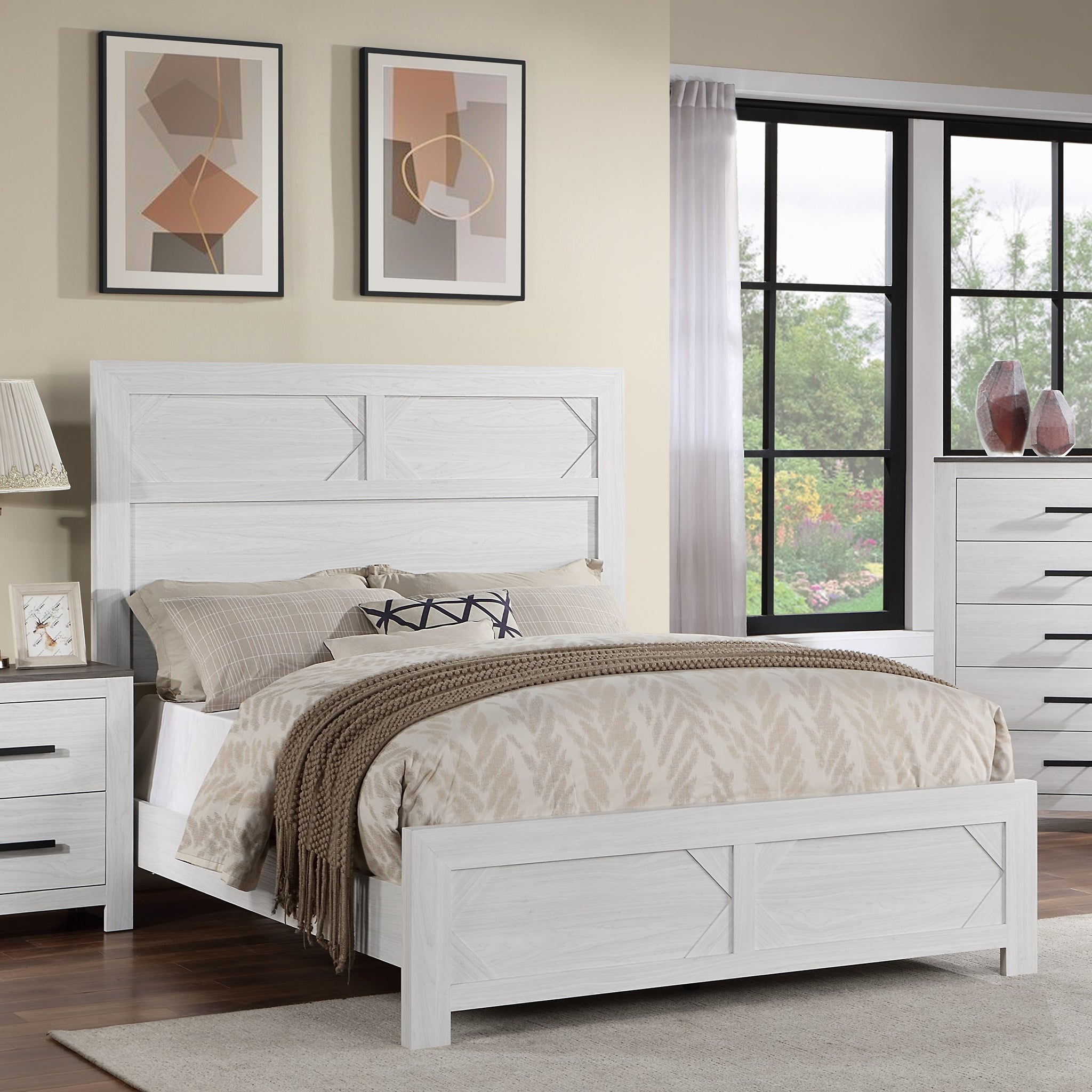 White Color 1Pc Queen Size Bed High Headboard Mdf Particle Board Bedroom Furniture Bedframe Unique Panel Design Box Spring Required Queen White Wood Bedroom Contemporary,Modern Panel Particle Board