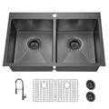 33X22Inch Double Bowl Topmount Gunmetal Black Kitchen Sink 18Gauge Stainless Steel With Black Spring Neck Faucet Gunmetal Black Stainless Steel