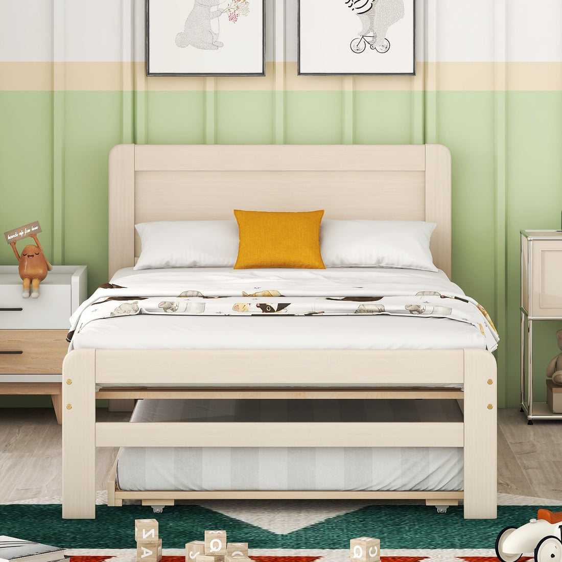Modern Design Twin Size Platform Bed Frame With Trundle For White Washed Color White Washed Rubber Wood