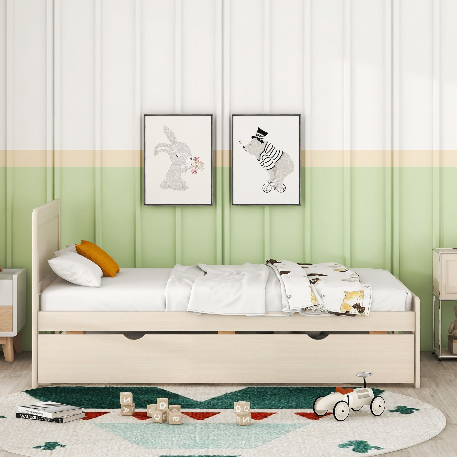 Modern Design Twin Size Platform Bed Frame With Trundle For White Washed Color White Washed Rubber Wood