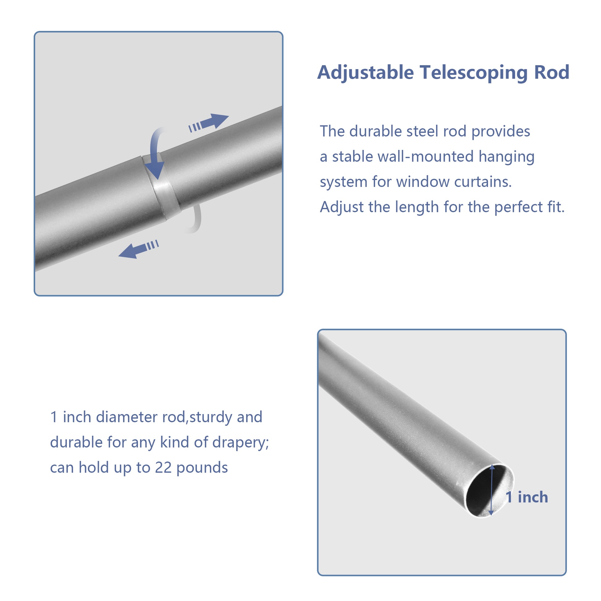 Window Single Curtain Rod Adjustable Sizes: 88" 132", Silver Silver Metal