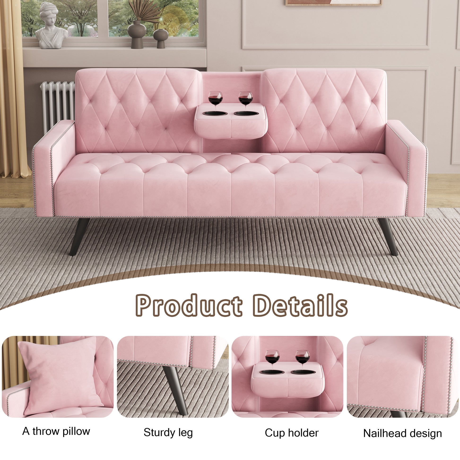 1730 Sofa Bed Armrest With Nail Head Trim With Two Cup Holders 72" Pink Velvet Sofa For Small Spaces Pink Altay Velvet 3 Seat