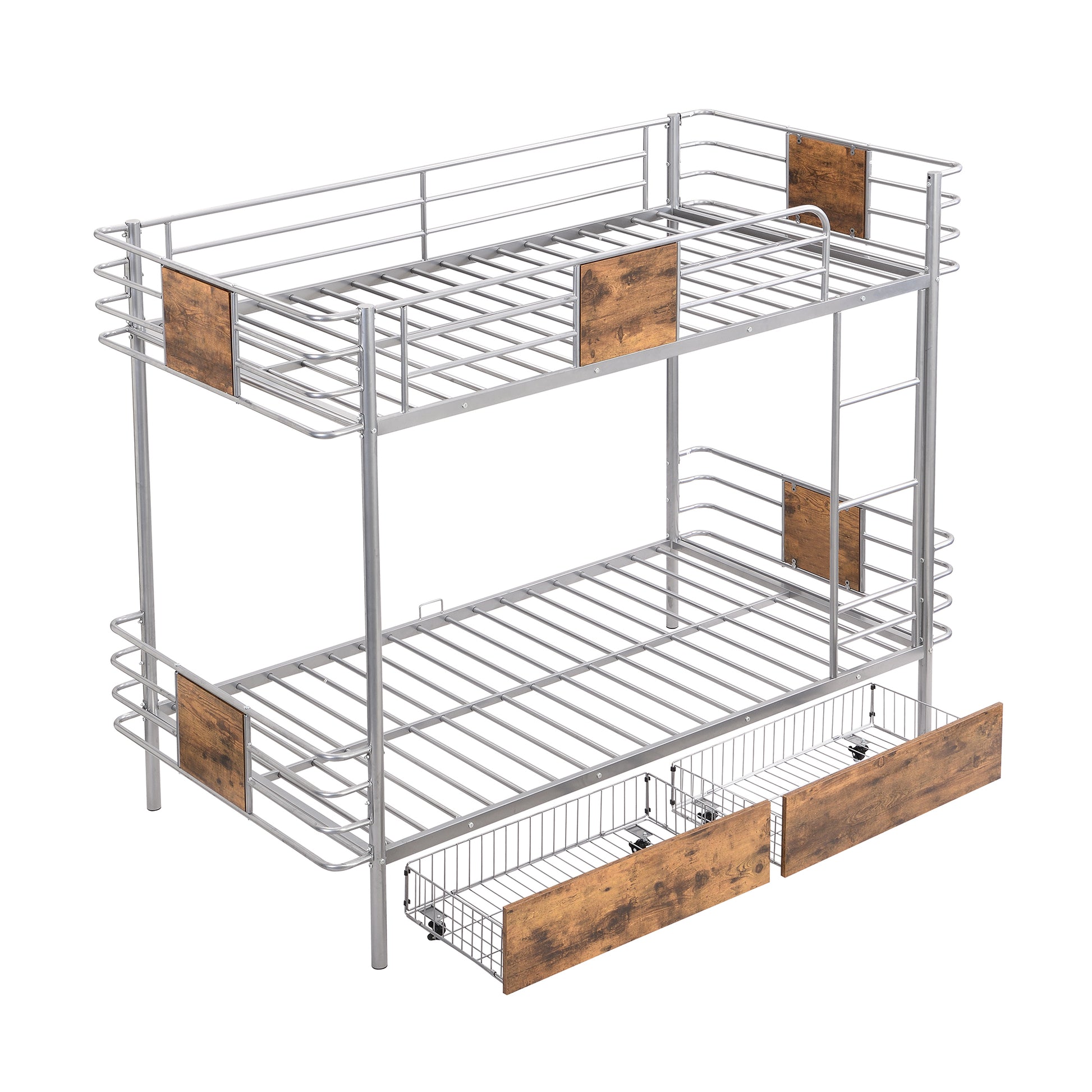 Twin Xl Over Twin Xl Metal Bunk Bed With Mdf Board Guardrail And Two Storage Drawers,Silver Twin Xl Silver Metal