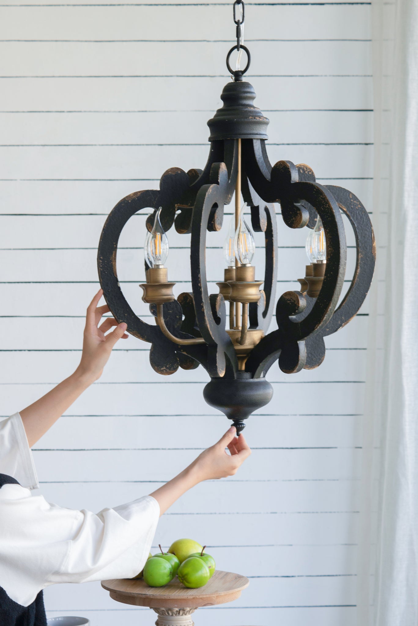 French Country Wood Chandelier, 6 Light Farmhouse black-mdf+metal