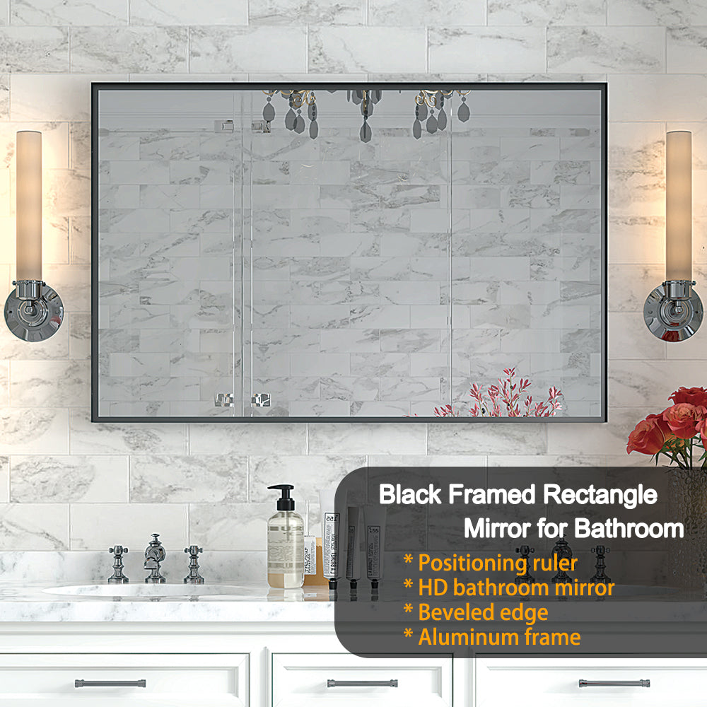 36X30Inch Glossy Black Bathroom Mirrors For Wall Rectangle Vanity Mirror Corner Hangs Farmhouse Mirror Modern Metal Framed Rectangular Mirror, Decorative Square Corner Mirror Horizontal & Vertical Black American Design Aluminum