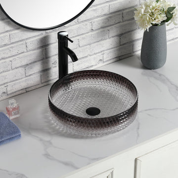 Diamond Shape Bathroom Crystal Glass Vessel Sink, Bathroom Countertop Basin Transparent Gradient Black Grey Grey White Modern Glass