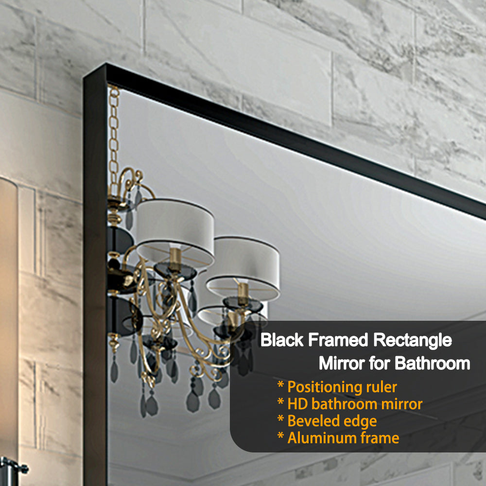 36X24Inch Black Rectangular Bathroom Mirror Square Angle Metal Frame Wall Mounted Hanging Plates Wall Mount Mirror For Bathroom Horizontal & Vertical Black Luxury Glass Aluminium Alloy